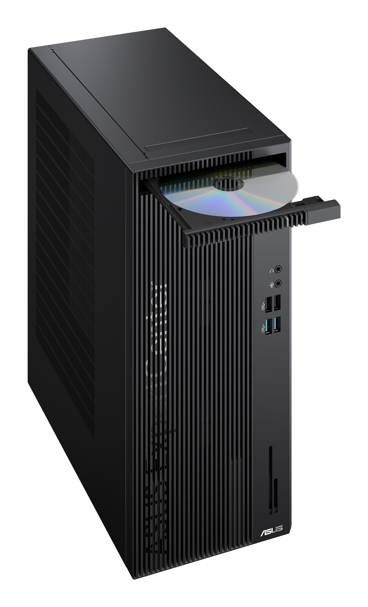 Case nero per computer con vassoio CD aperto, che mostra un CD. La custodia ha linee verticali e il logo ASUS.