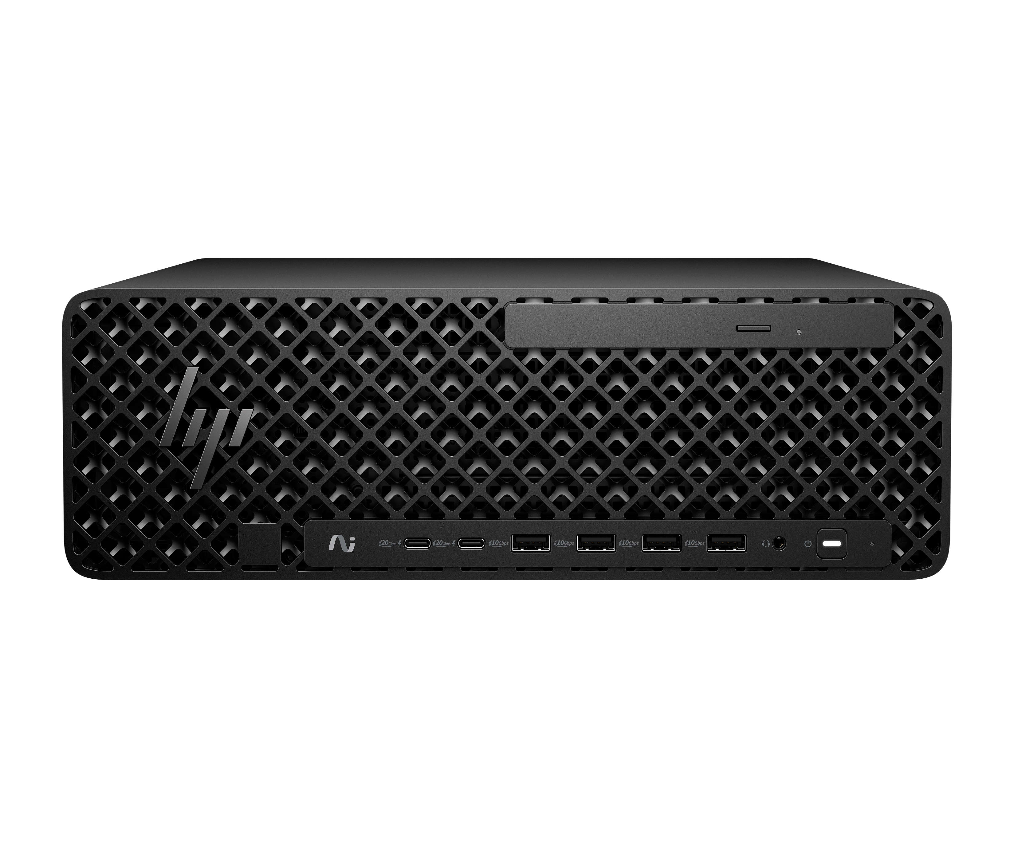 Un computer desktop nero con un design geometrico, il logo HP è visibile. Ha più porte e pulsanti.