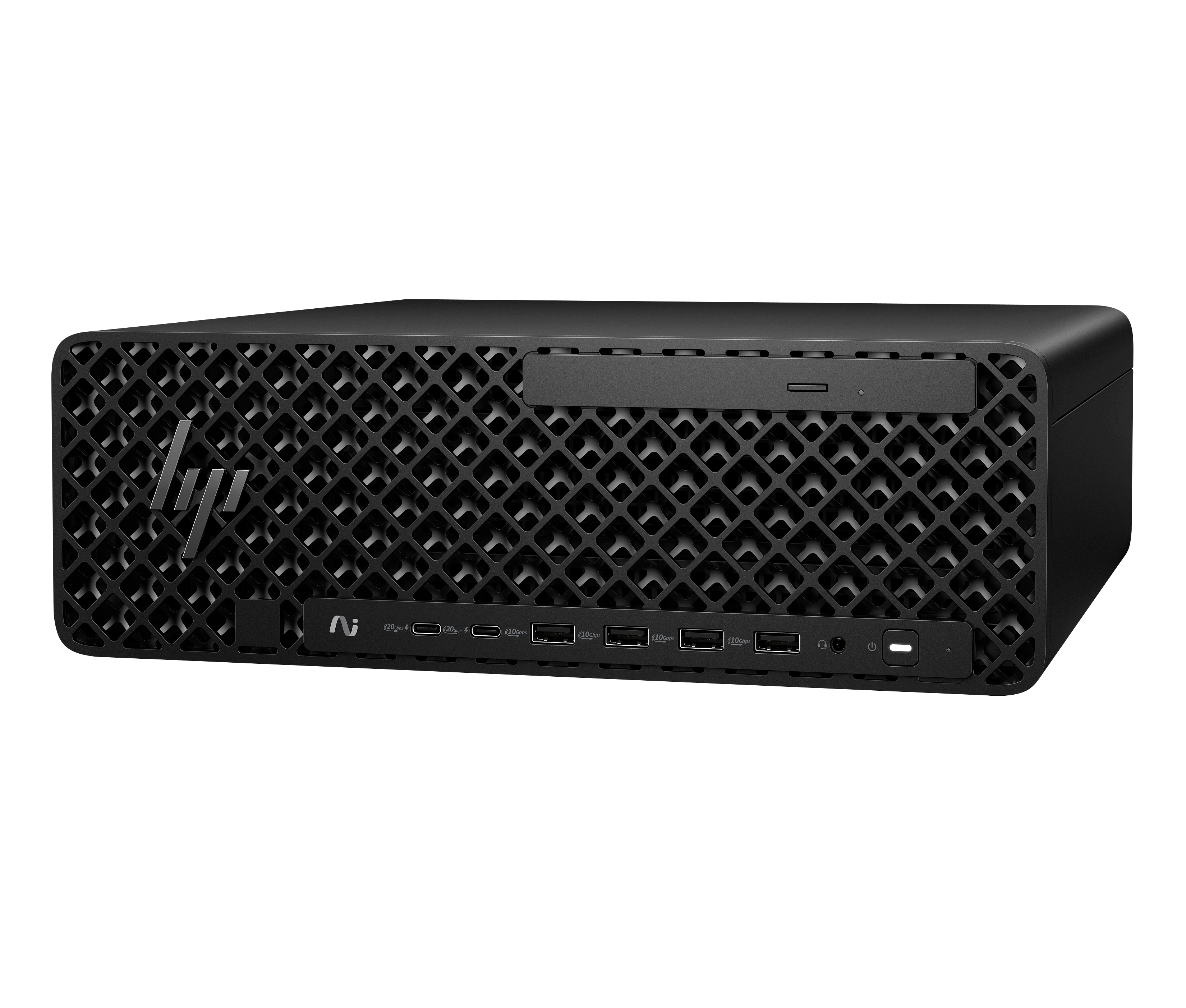 Un computer desktop HP nero. Ha una parte anteriore a griglia, il logo HP e varie porte.