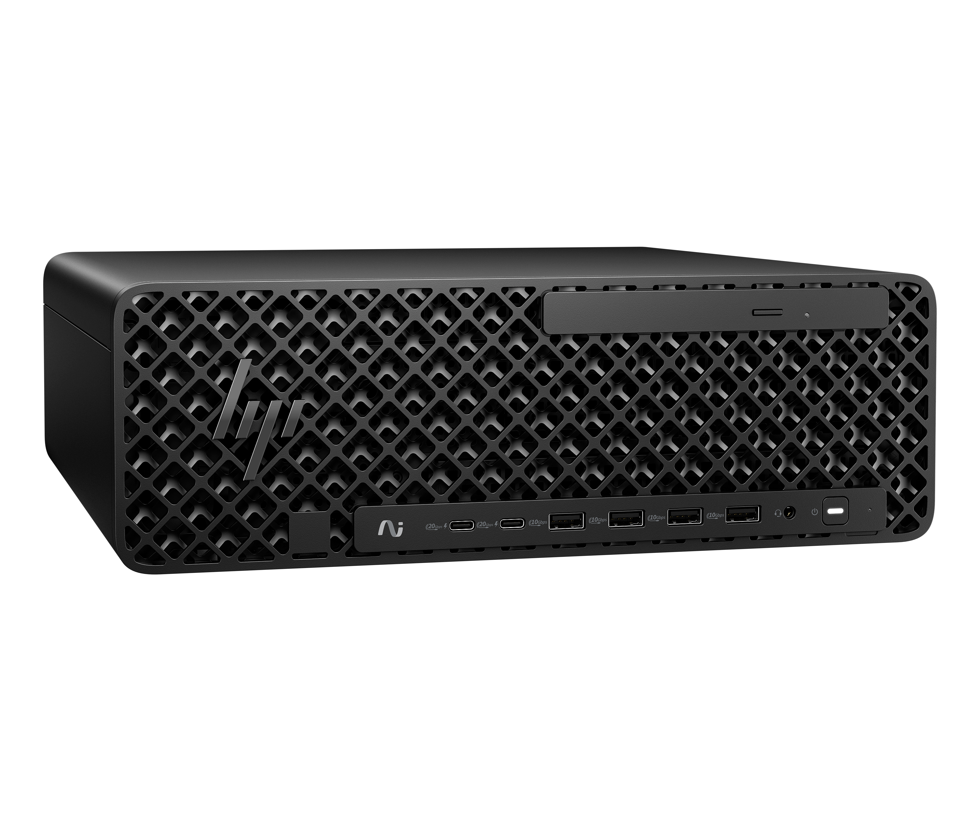Computer desktop HP nero. Ha un frontale con motivo geometrico e più porte. Il logo HP è visibile. Lo sfondo è bianco.
