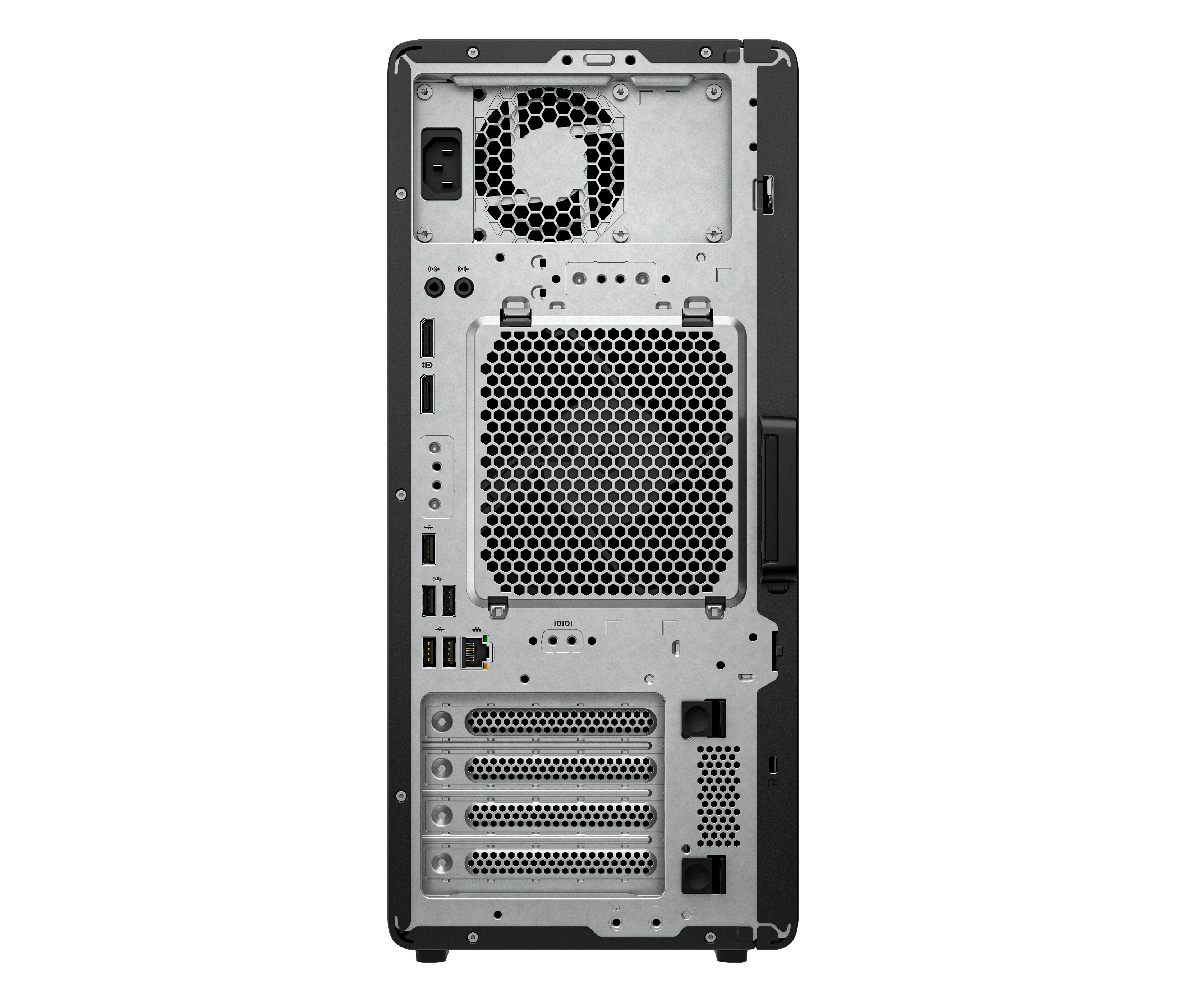 Retro di un case per computer nero con varie porte, prese d'aria e una ventola visibile.
