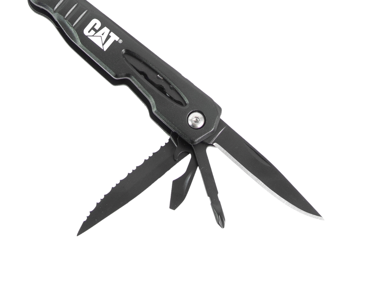 Se muestra una multiherramienta negra con cuchillo, sierra, destornillador y otras herramientas. El logotipo de CAT es visible.