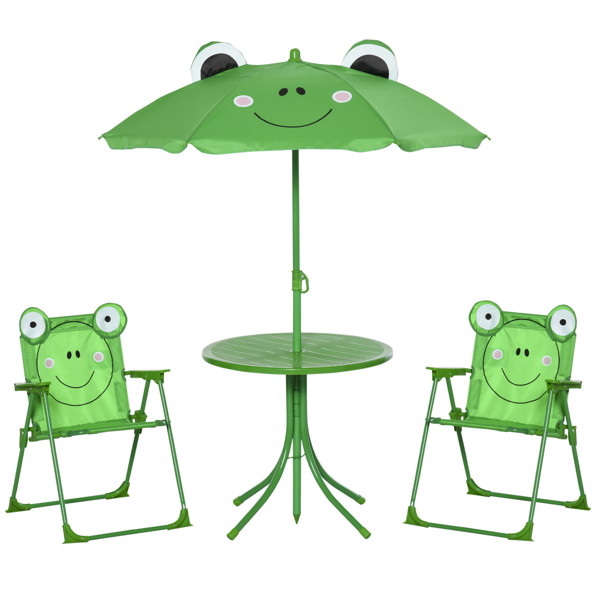 Un set da patio a tema rana verde. Include un tavolo, due sedie e un ombrellone, tutti con facce da rana.