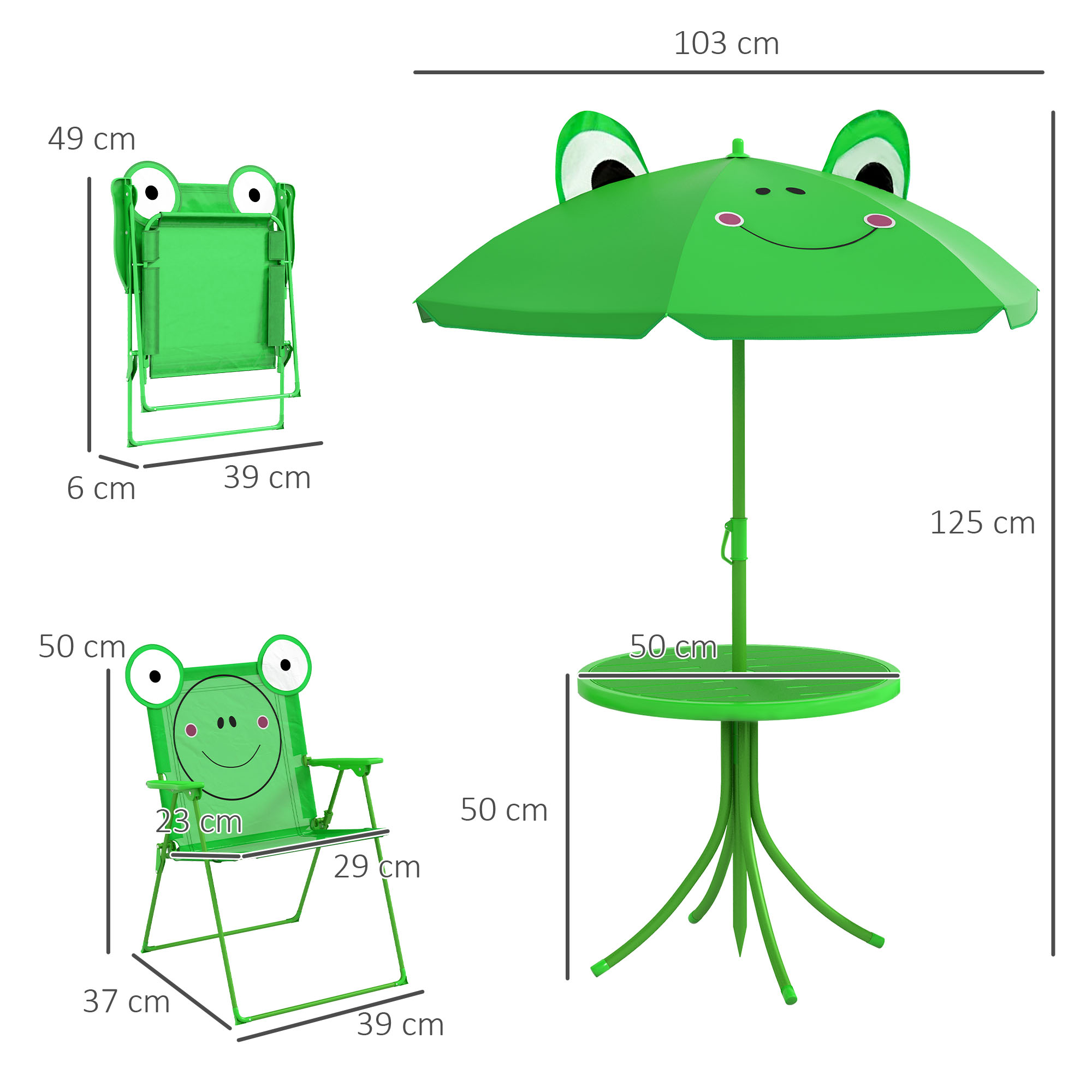 Set da patio a tema rana verde: sedia pieghevole, tavolo e ombrellone. Gli oggetti sono visualizzati su sfondo bianco con dimensioni.