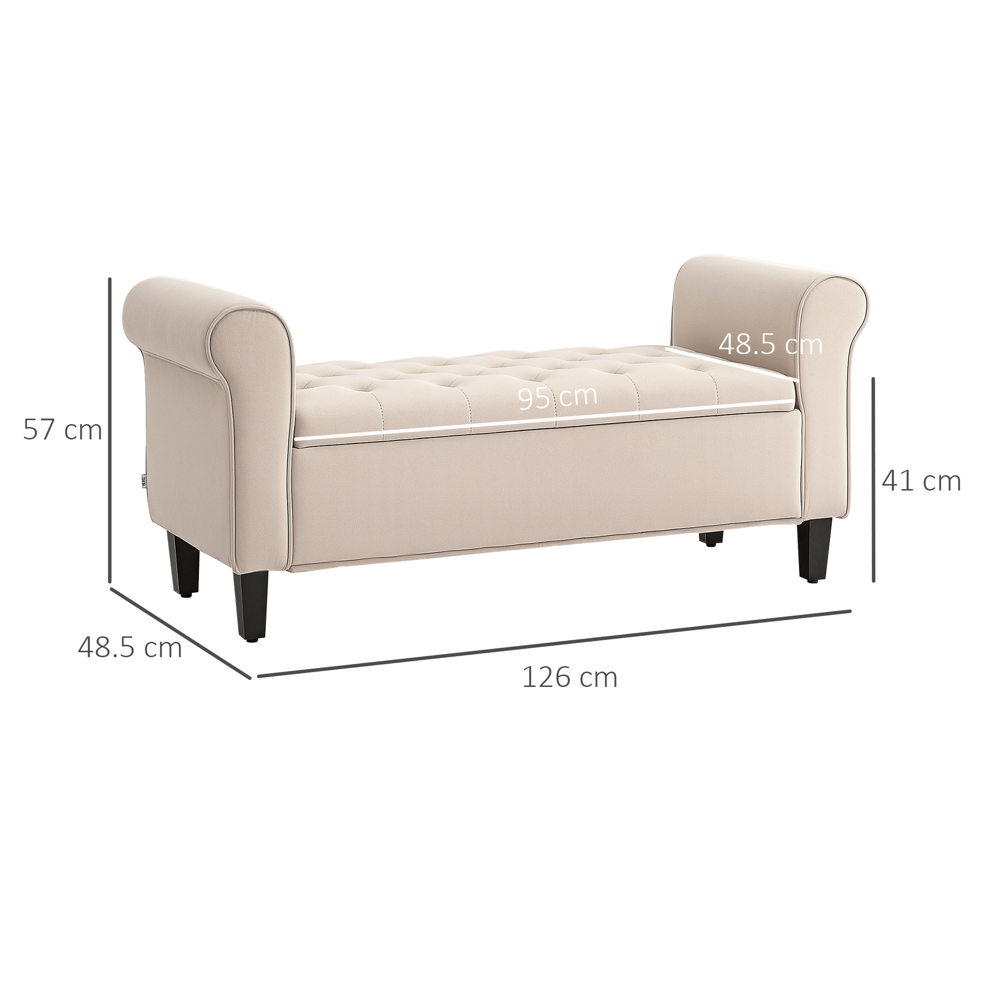 Una panca beige con dimensioni etichettate. Ha seduta trapuntata e braccioli curvi. Le gambe sono nere.
