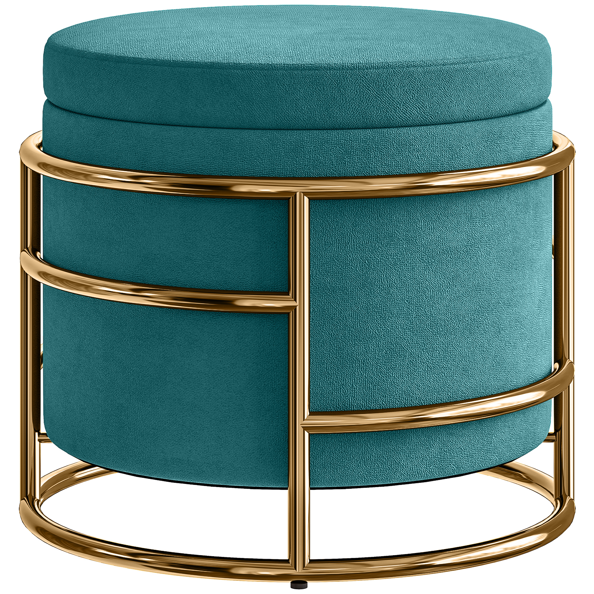 Un pouf imbottito color turchese con struttura in metallo color oro. Il pouf è rotondo con tessuto strutturato.