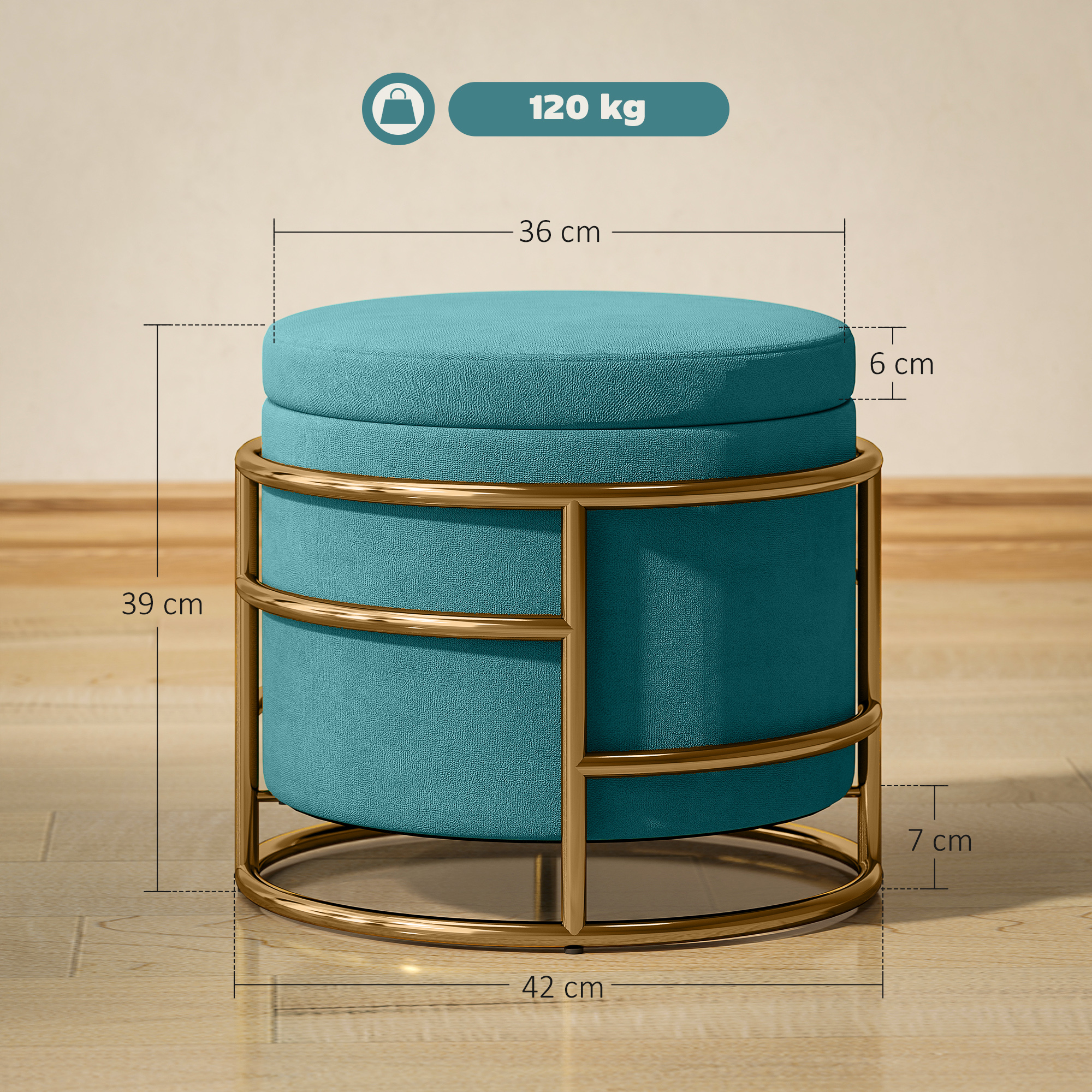 Un pouf turchese con struttura in metallo dorato. Vengono mostrate le misure. È su un pavimento in legno, contro un muro beige chiaro.