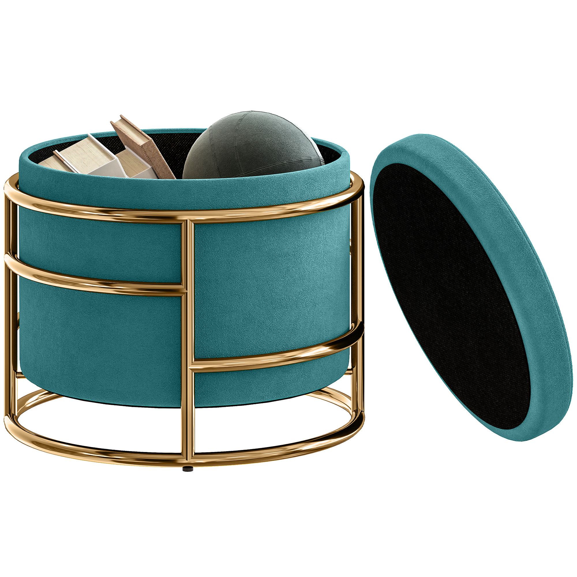 Pouff contenitore verde acqua con struttura dorata. Contiene libri e un oggetto grigio. Coperchio aperto.