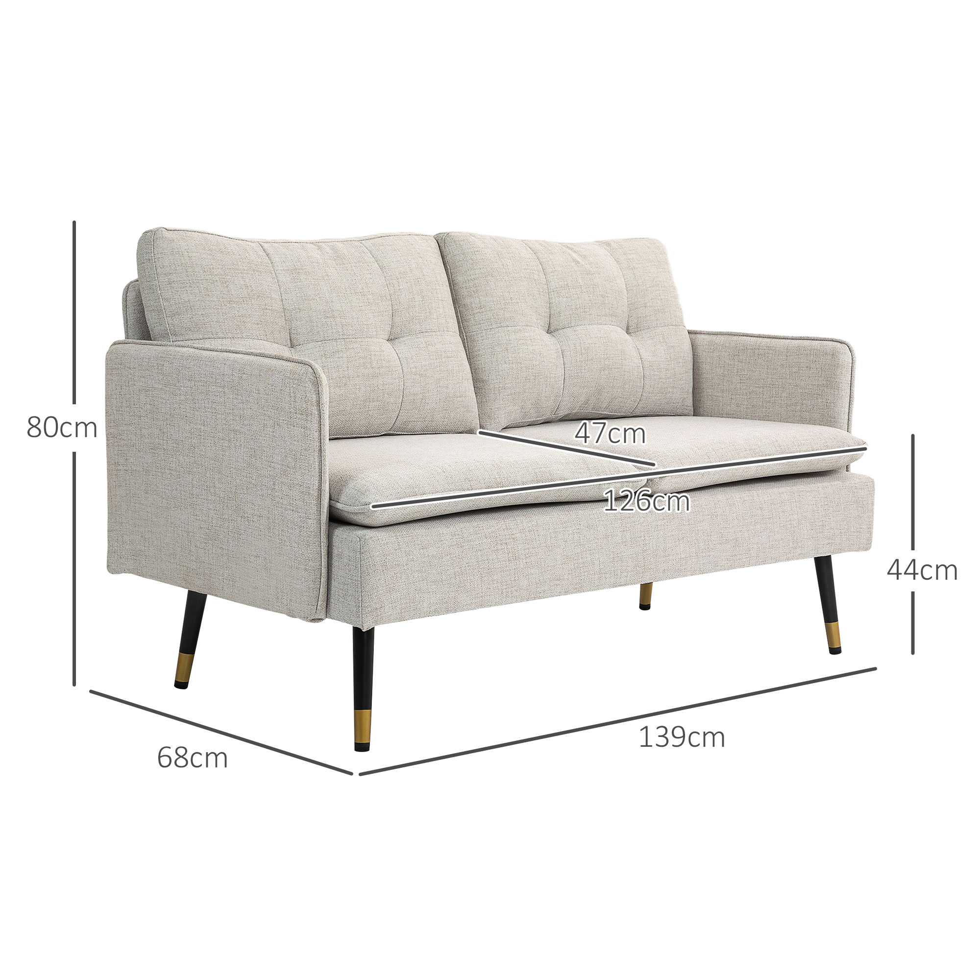 Un divano beige a due posti con gambe nere e punte dorate. Le dimensioni indicate sono: altezza 80 cm, larghezza 139 cm, profondità 68 cm, seduta 126 cm, 44 cm.
