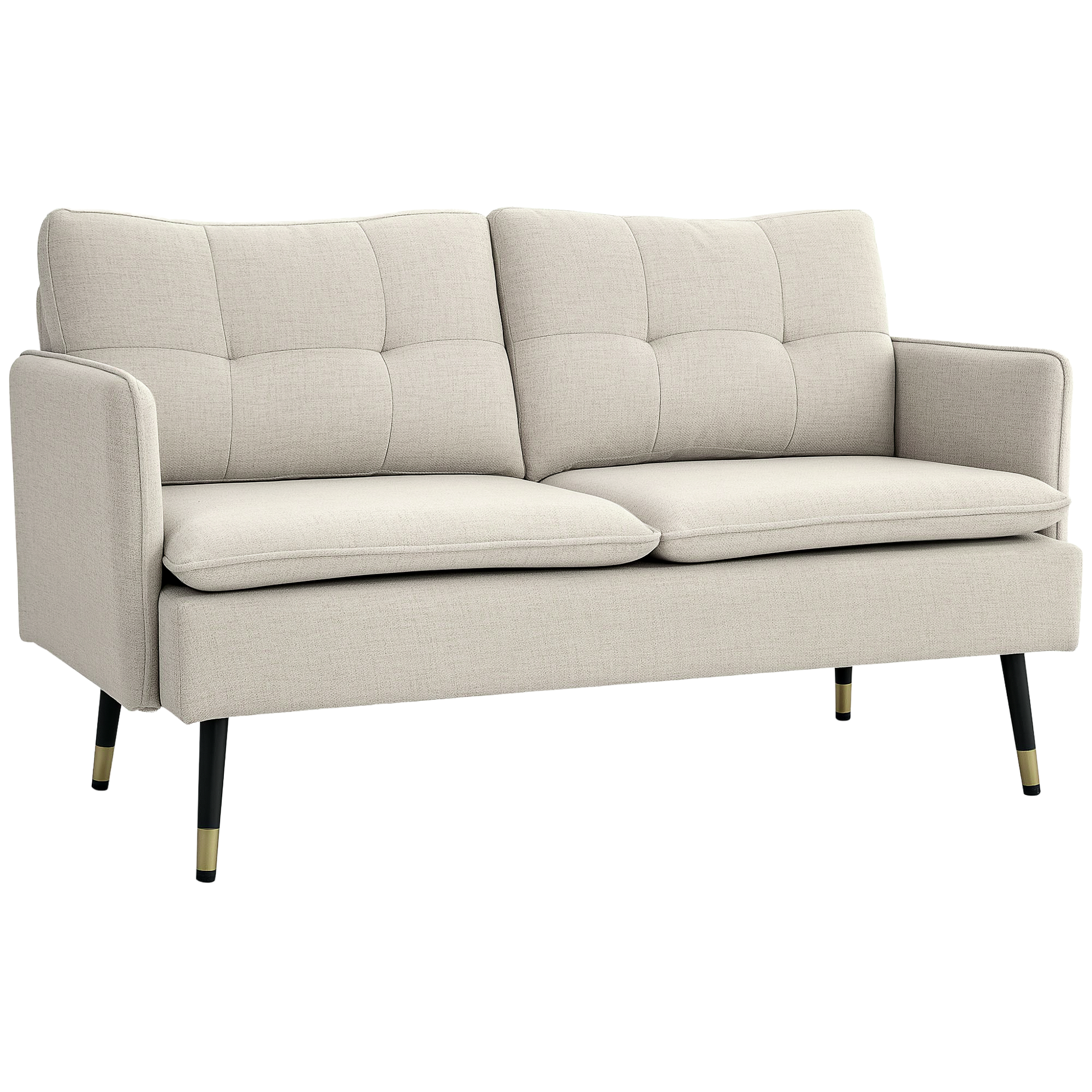 Un divano beige a due posti con cuscini trapuntati, braccioli e gambe nere con punte dorate, su sfondo bianco.