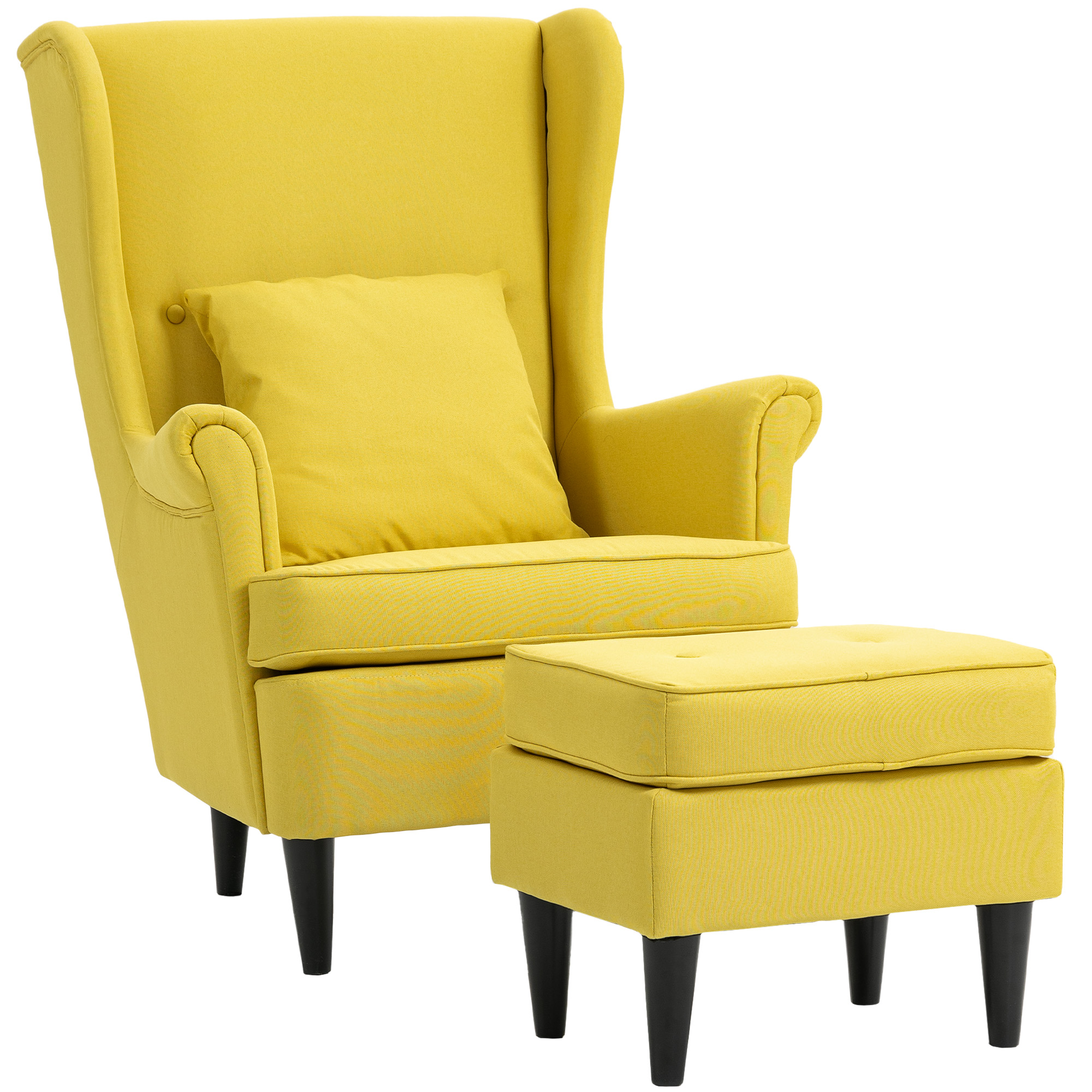 Una poltrona gialla con un pouf abbinato. Entrambi hanno gambe nere. Un cuscino poggia sulla sedia.
