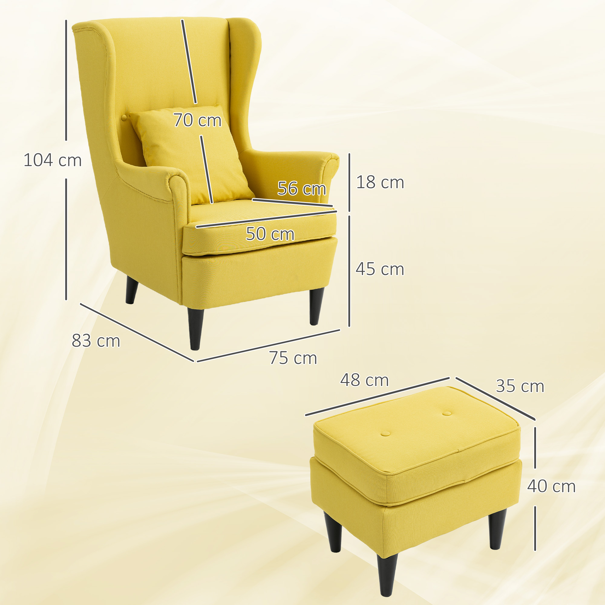 Una poltrona e un pouf gialli con gambe nere. Le dimensioni sono indicate sulla sedia e sul pouf.