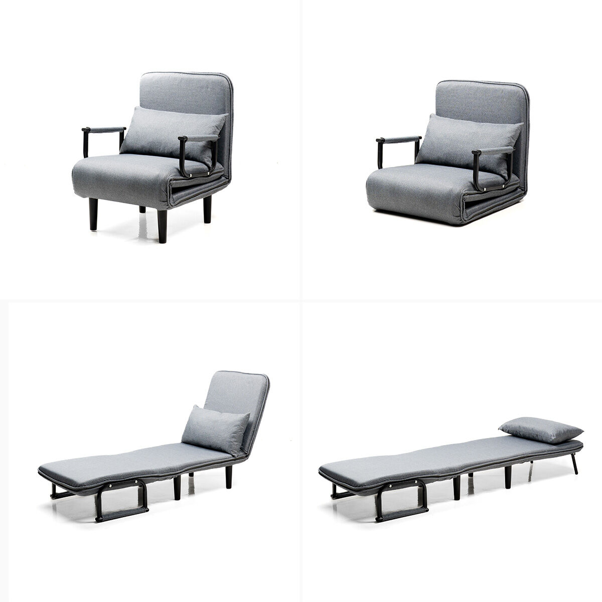 Quattro immagini mostrano un divano letto grigio convertibile in diverse posizioni. Ha un cuscino e gambe nere, su sfondo bianco.