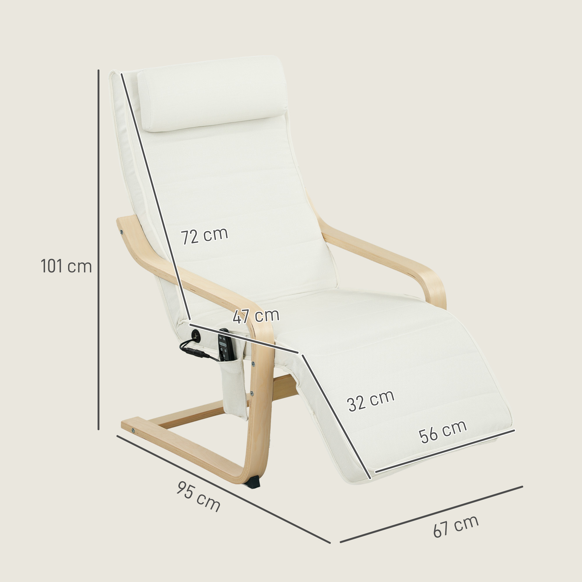 Una poltrona reclinabile bianca con struttura in legno. Ha dimensioni segnate: 101 cm di altezza, 95 cm di lunghezza, 67 cm di larghezza.