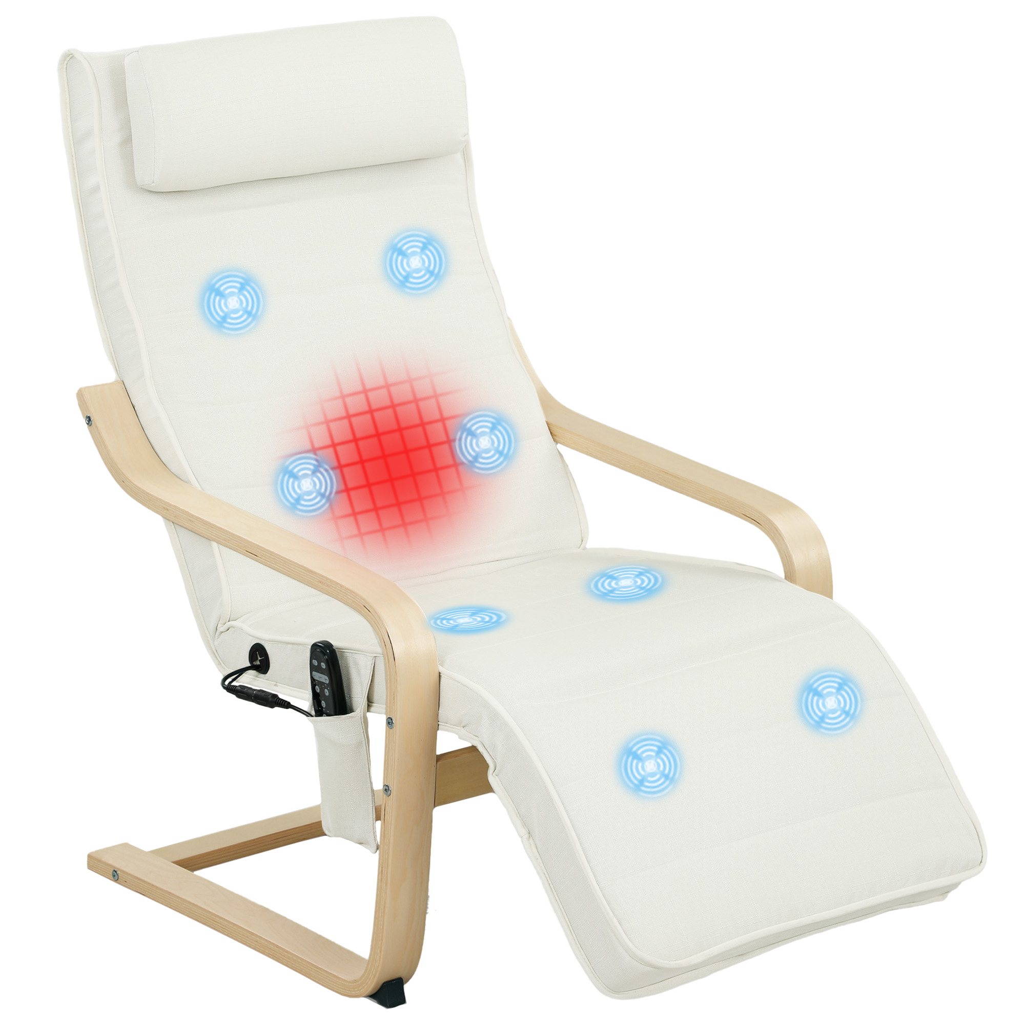 Una poltrona da massaggio bianca con struttura in legno. Ha un poggiatesta e un telecomando. Sono visibili indicatori luminosi blu e rossi.