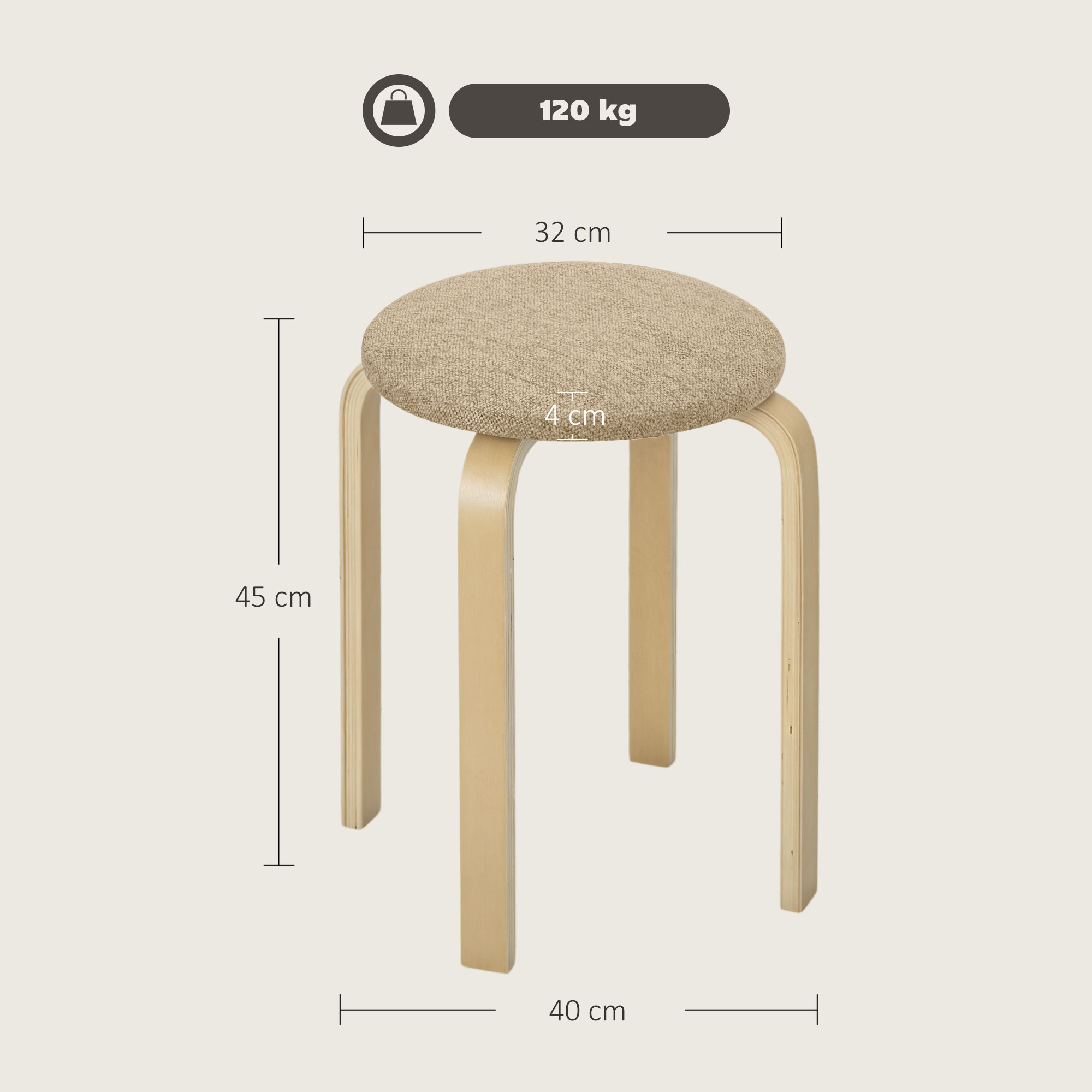 Uno sgabello beige con seduta rotonda e strutturata e gambe in legno curve. Dimensioni in centimetri.