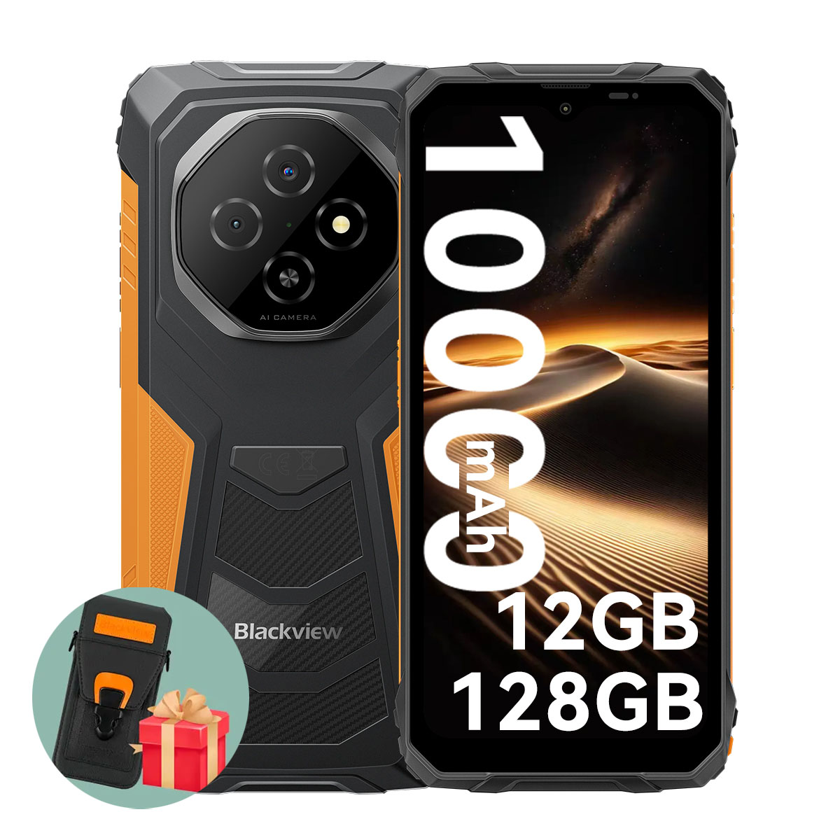 Robustes Blackview-Handy mit Wüstenlandschaft auf dem Bildschirm. Mit 10000mAh Akku, 12GB RAM, 128GB Speicher und AI-Kamera. Auch eine Hülle und Geschenk.
