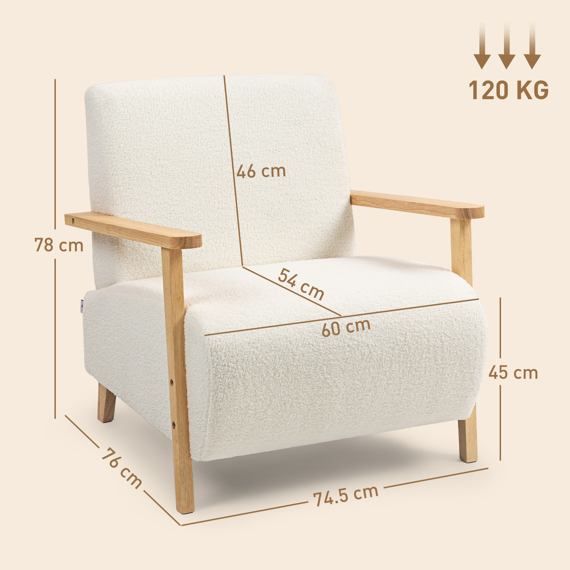Una poltrona color crema con gambe e braccioli in legno. Ha dimensioni e una capacità di 120 kg.