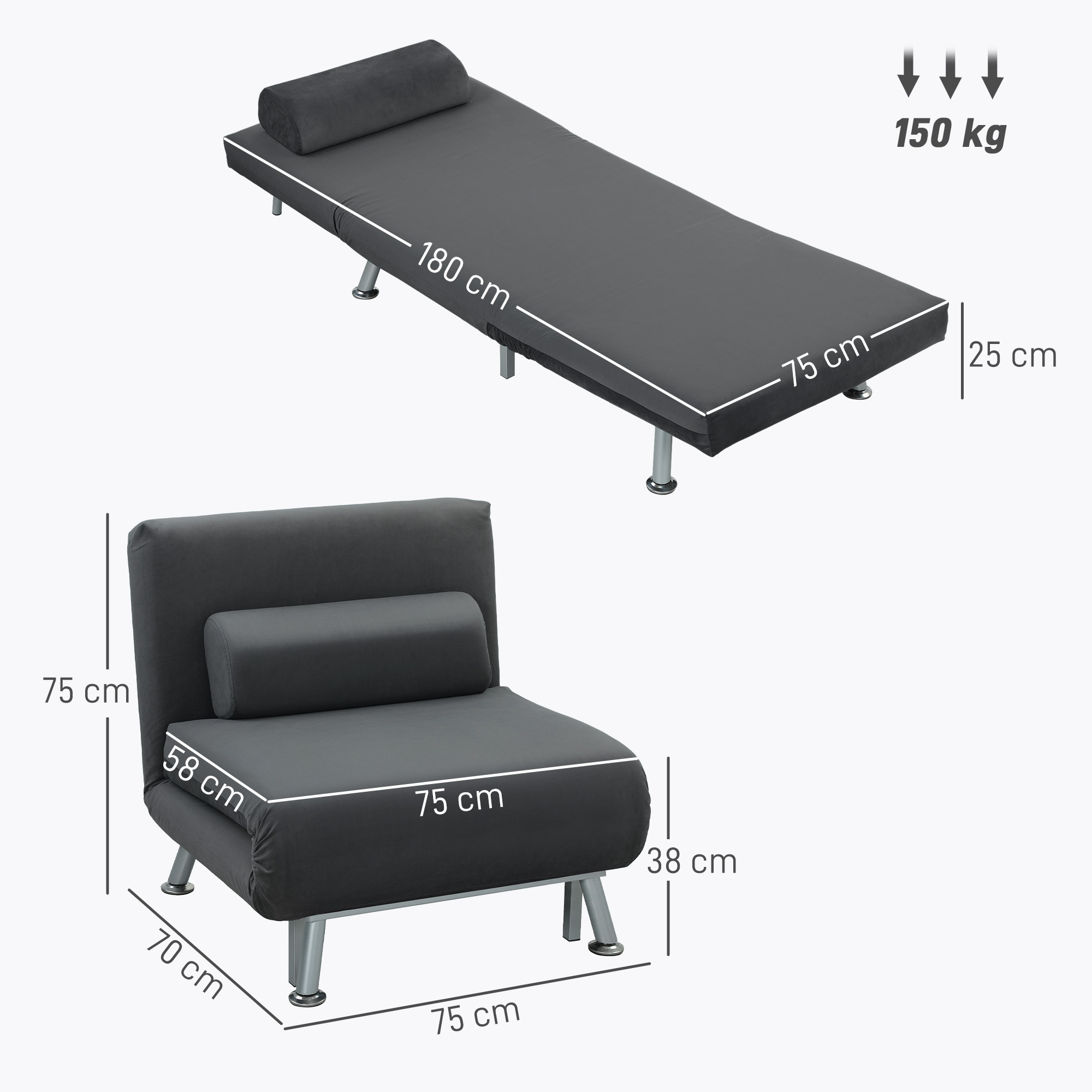 Due divani letto grigi con dimensioni etichettate. Uno piatto, l'altro verticale. Peso max. 150 kg.