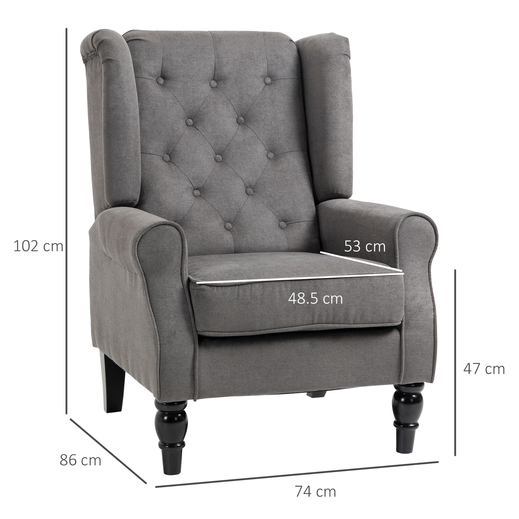 Una poltrona grigia con schienale alato e trapuntatura con bottoni, gambe nere. Dimensioni: 102 cm altezza, 74 cm larghezza, 48,5 cm seduta.