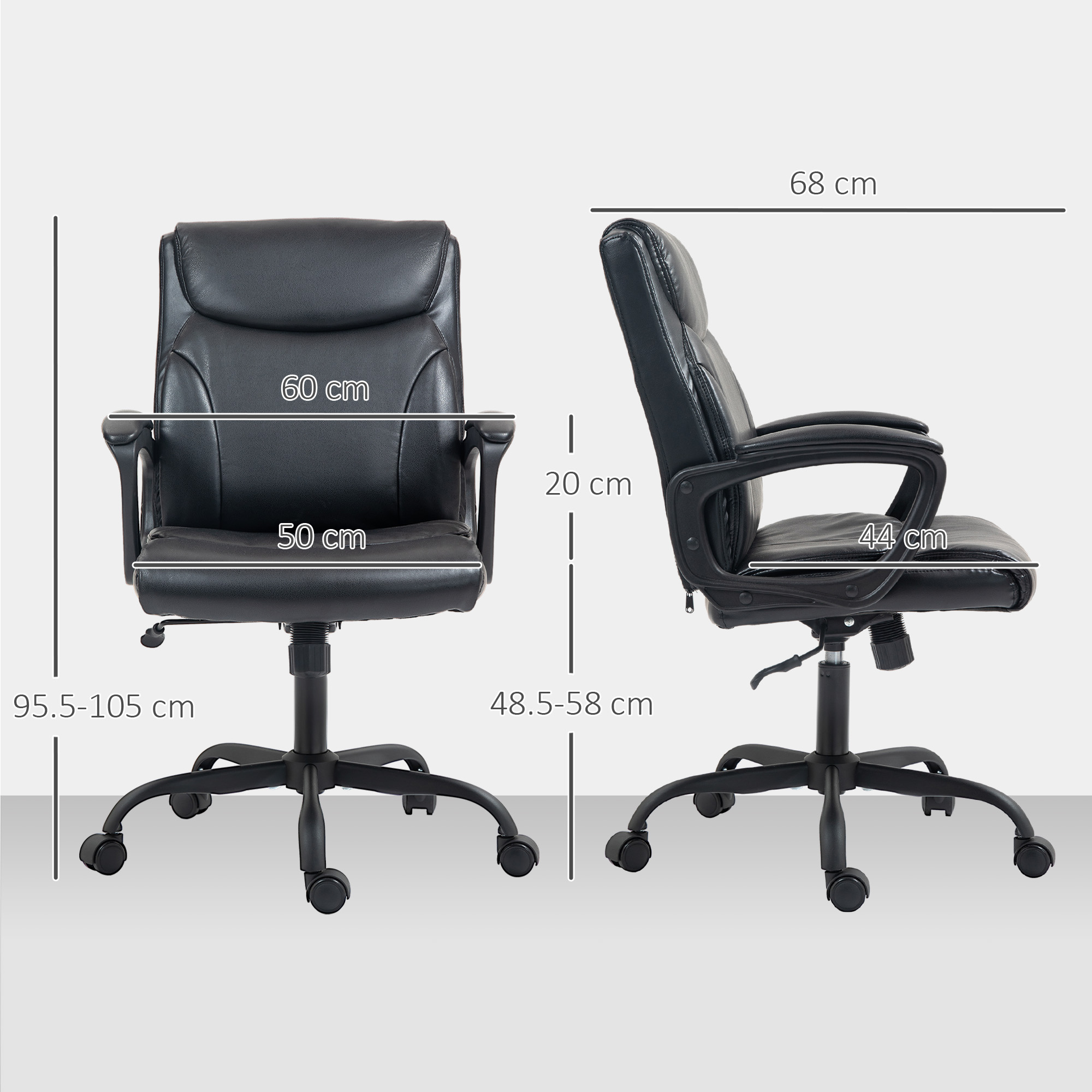 Sedia da ufficio nera, vista frontale e laterale. Le dimensioni sono indicate: altezza, larghezza seduta, larghezza braccioli e profondità seduta.