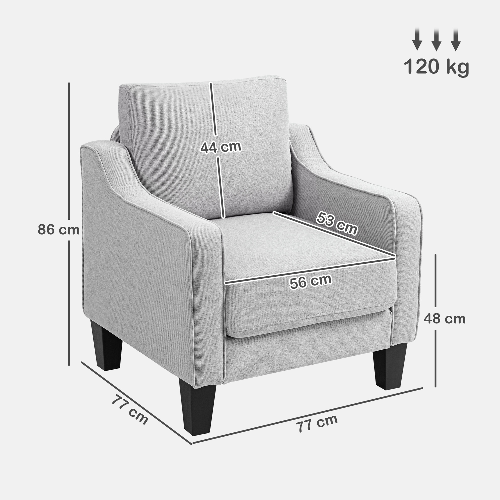 Una poltrona grigio chiaro con misure. La sedia ha gambe nere. È contrassegnata con dimensioni: 77 cm, 86 cm, 44 cm, 53 cm, 56 cm, 48 cm. 120 kg.