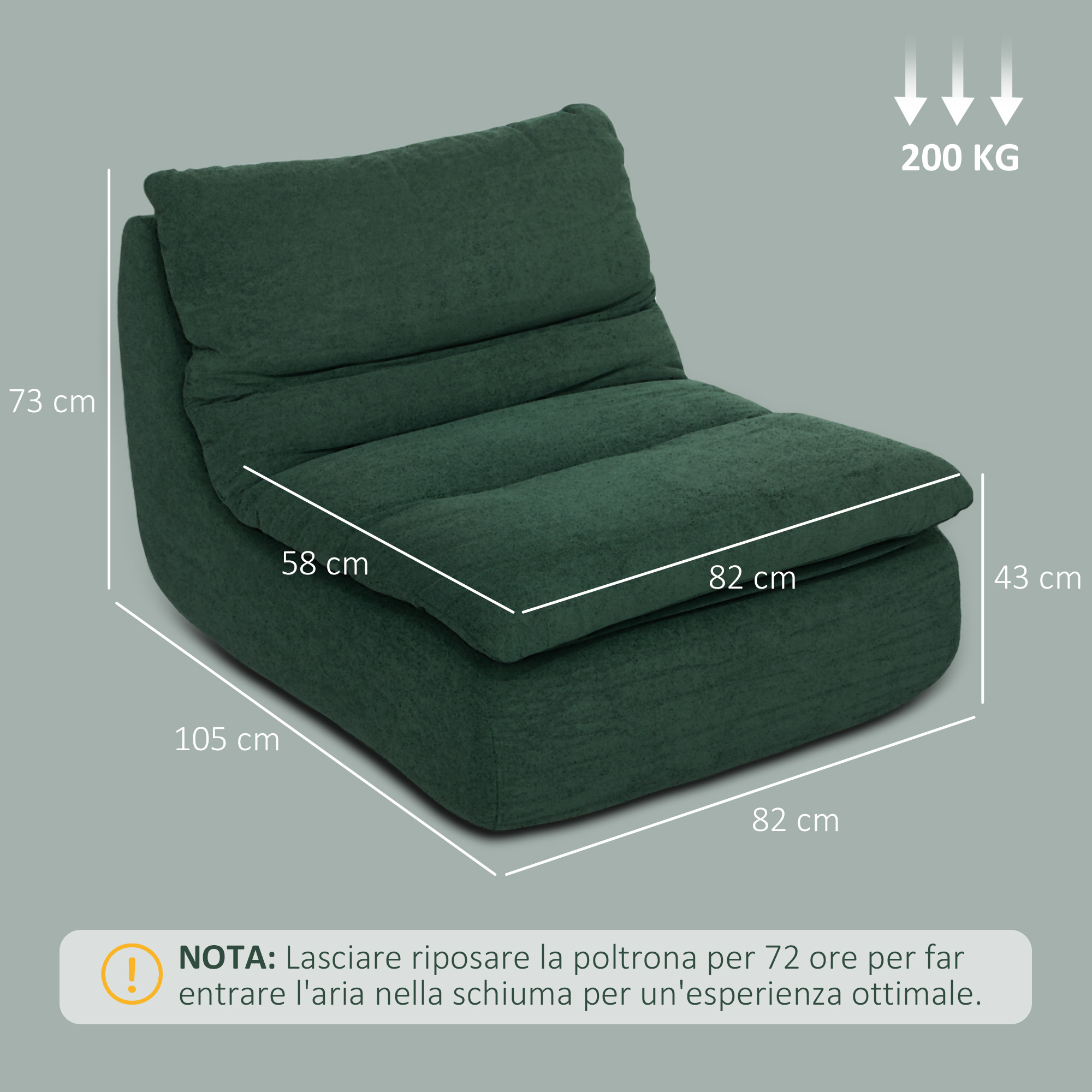 Poltrona a sacco verde con dimensioni. Limite di peso 200 kg. Il testo consiglia 72 ore di riposo.