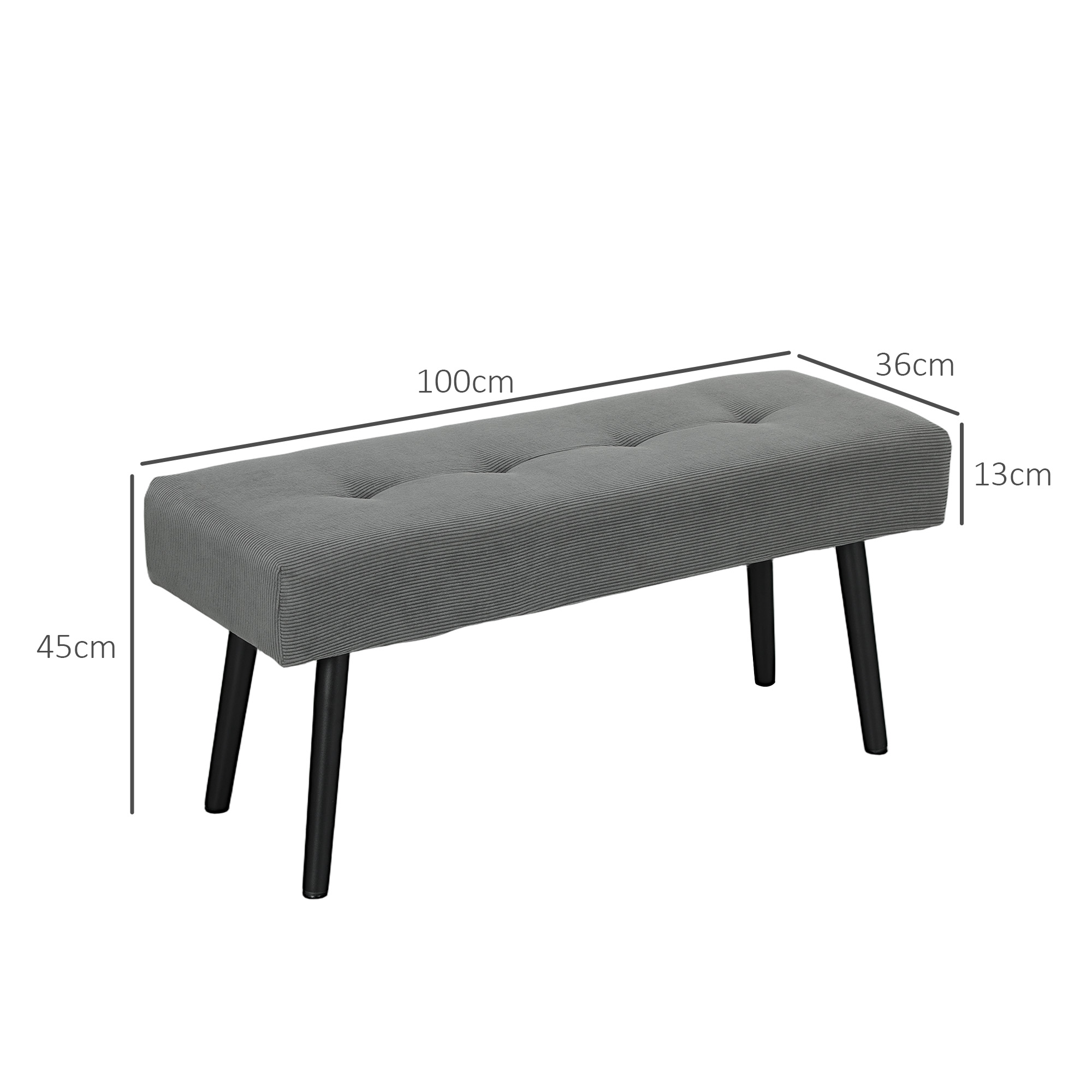 Una panca grigia con gambe nere. Dimensioni: 100 cm di lunghezza, 36 cm di larghezza, 13 cm di altezza e 45 cm di altezza.