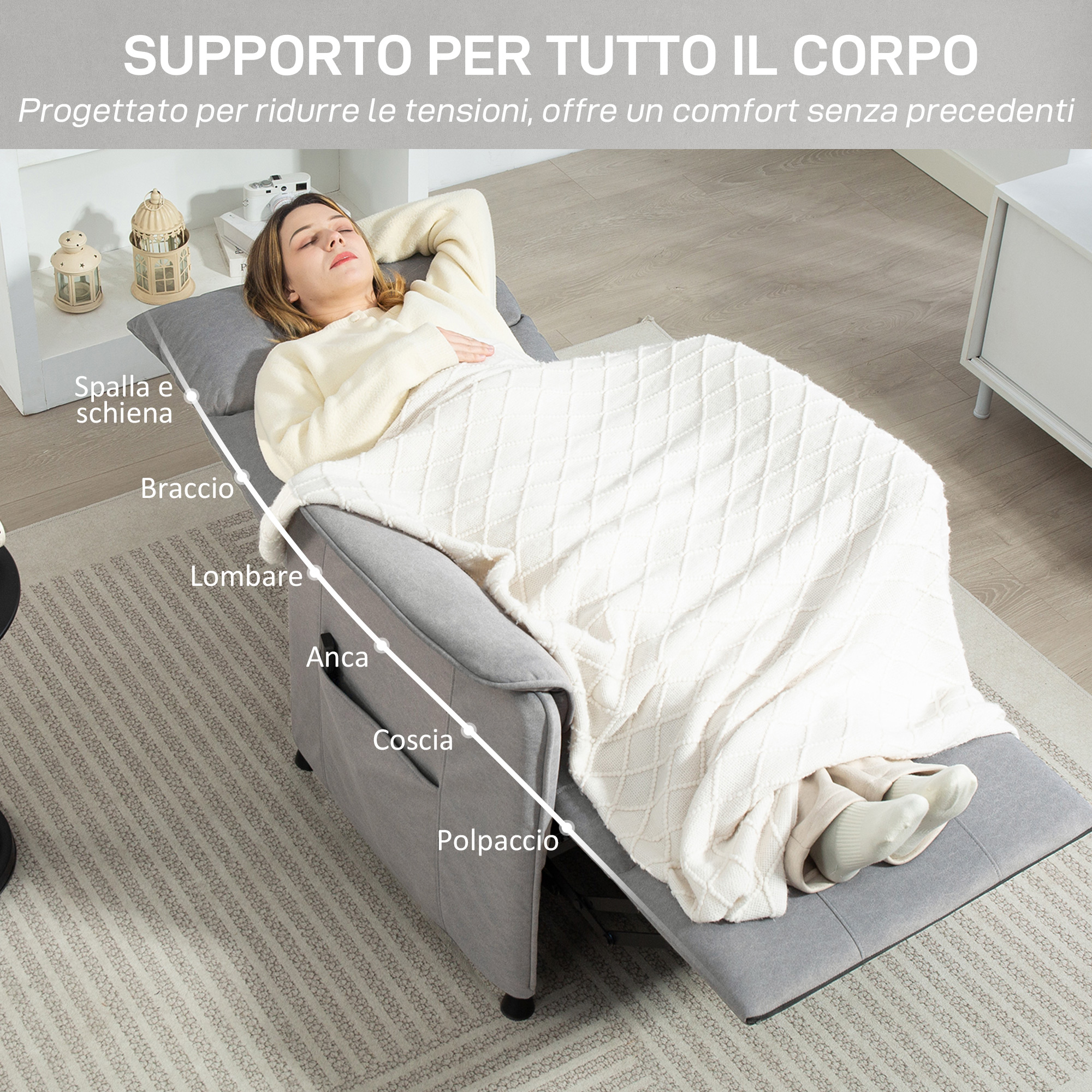 Una donna si reclina su una poltrona reclinabile grigia, coperta da una coperta bianca. La sedia è in una stanza.