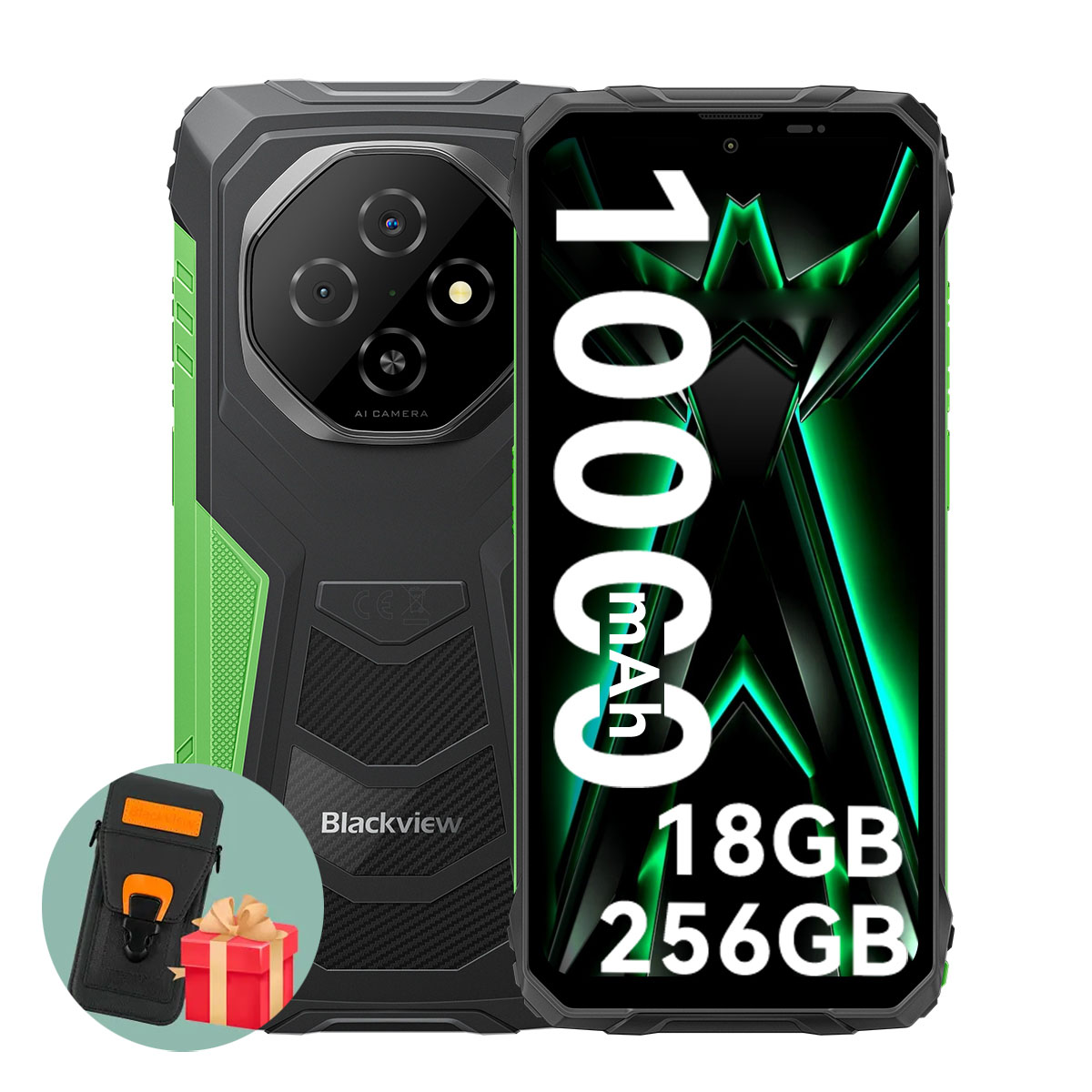 Robustes Blackview-Smartphone mit Dreifachkamera, grünen Akzenten und Bildschirm mit 10000 mAh, 18 GB, 256 GB. Inklusive Geschenkbox und Tasche.