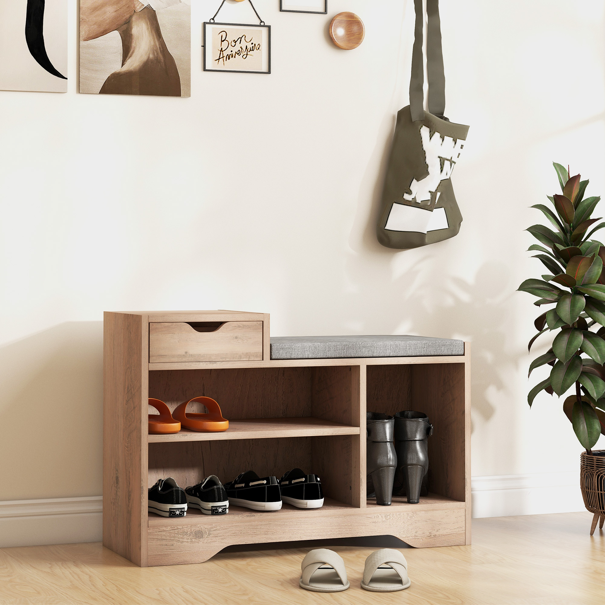 Scarpiera in legno con scarpe. Una pianta, una borsa e opere d'arte murali sullo sfondo.