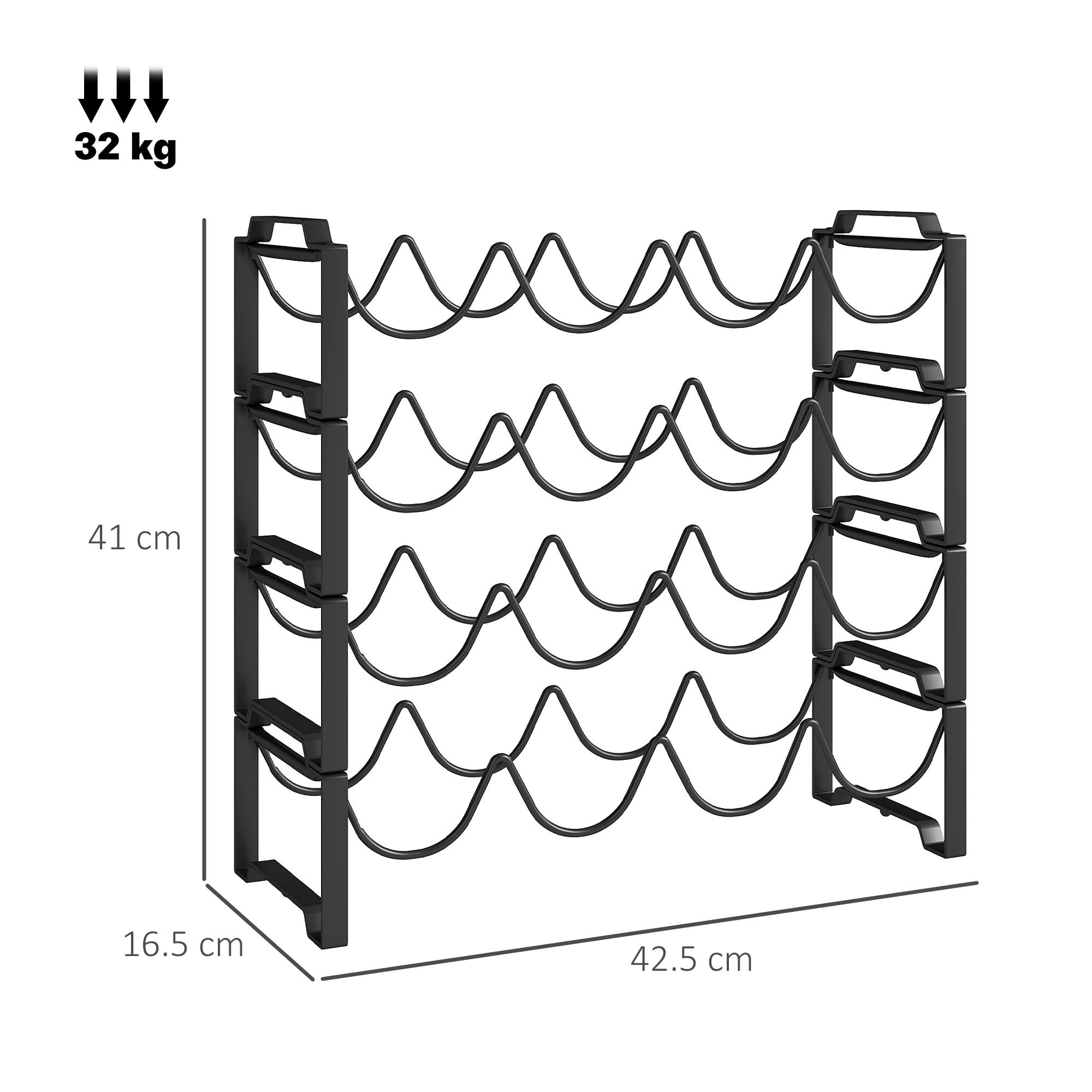 Portabottiglie in metallo nero. Ha una capacità di 32 kg. Le dimensioni sono 41x42,5x16,5 cm. Il portabottiglie contiene molte bottiglie.