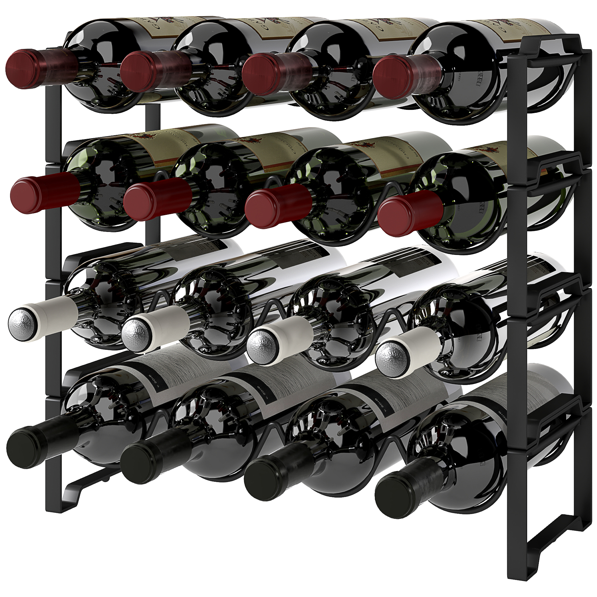 Un portabottiglie in metallo nero contiene bottiglie di vino. Alcune bottiglie hanno tappi rossi e altre bianchi. Lo sfondo è bianco.