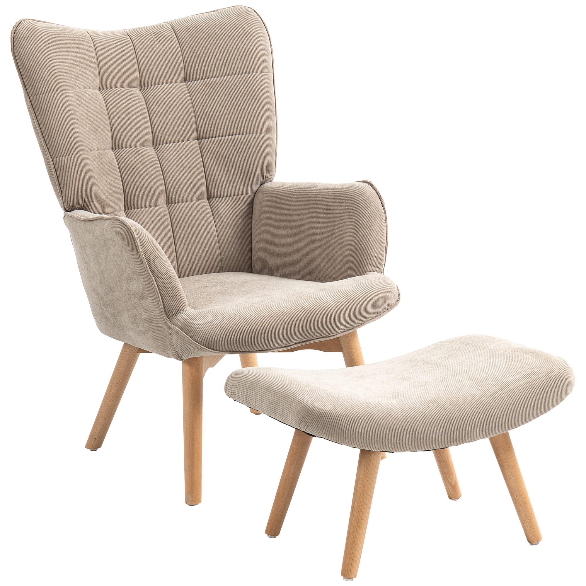 Una poltrona e un pouf beige su sfondo bianco. Entrambi hanno gambe in legno e tessuto a coste.