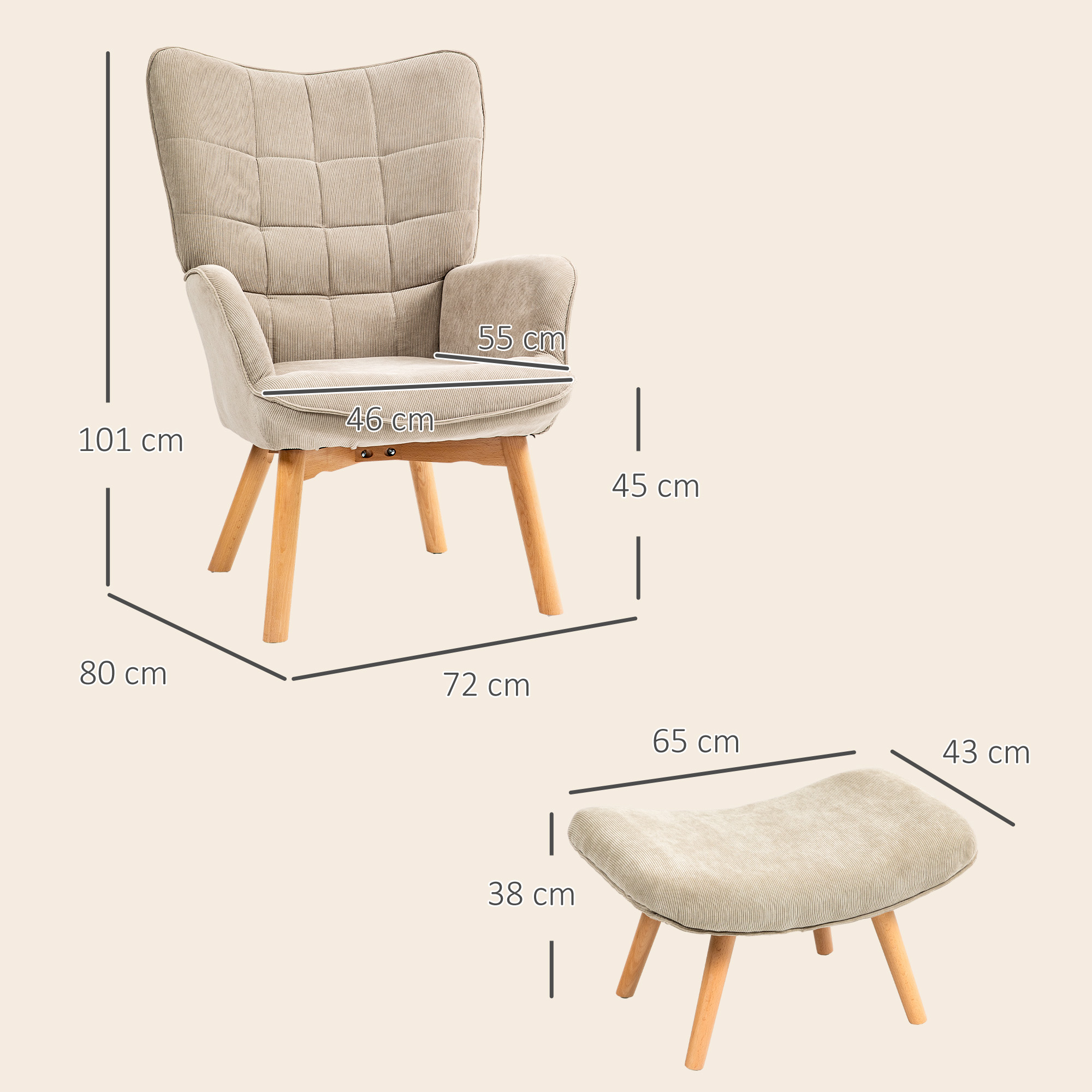 Un set di poltrona e poggiapiedi beige con gambe in legno, dimensioni indicate in centimetri.