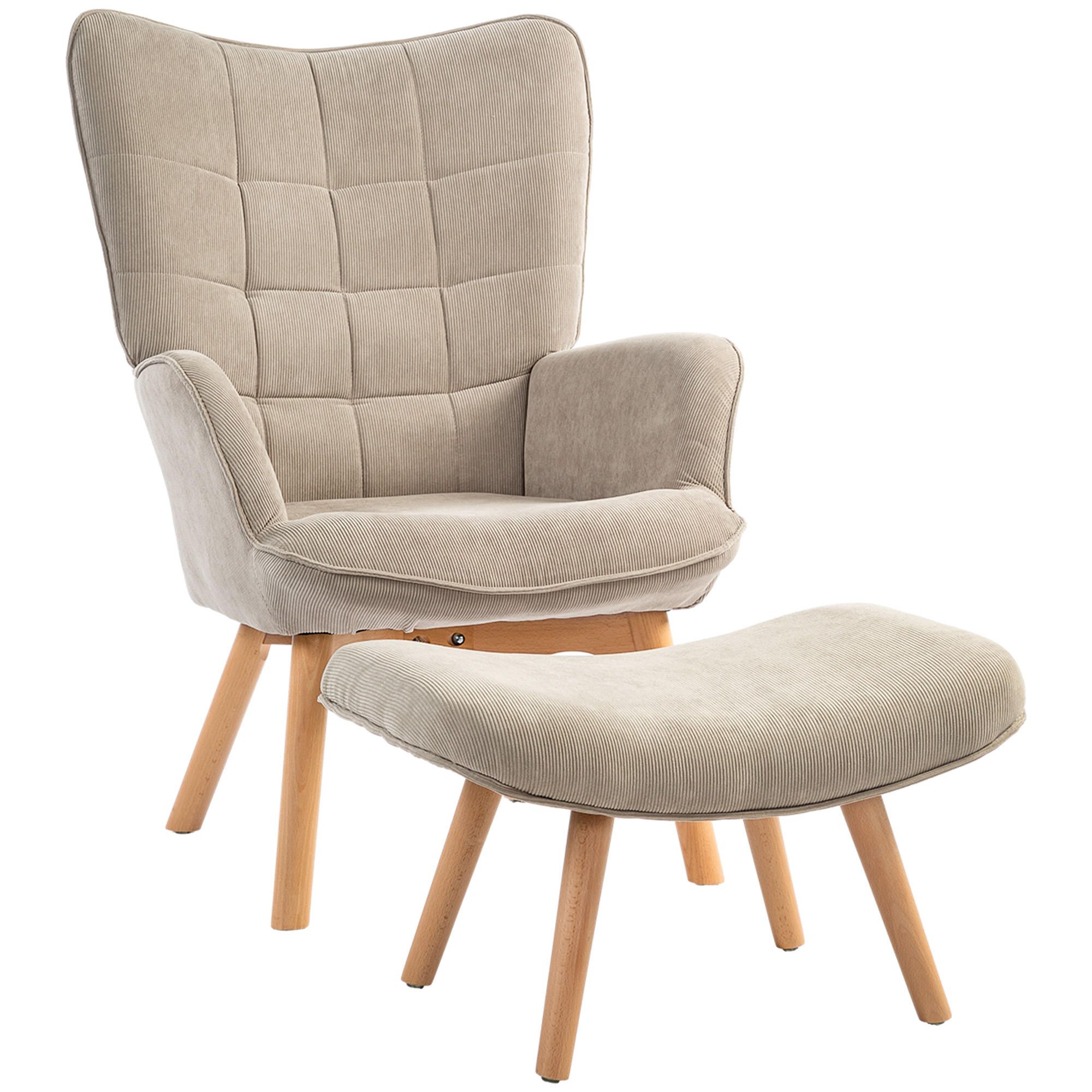 Set poltrona e pouf beige. Entrambi sono in velluto a coste con gambe in legno, su sfondo bianco.