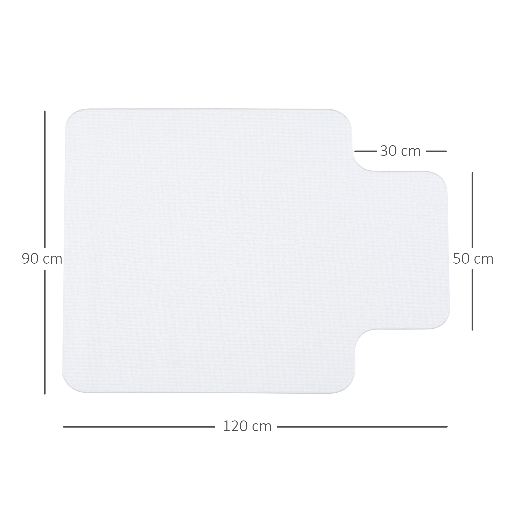 Un tappetino bianco con angoli arrotondati, le dimensioni sono indicate: 120 cm di larghezza, 90 cm di altezza e 30 cm di profondità sul lato destro.
