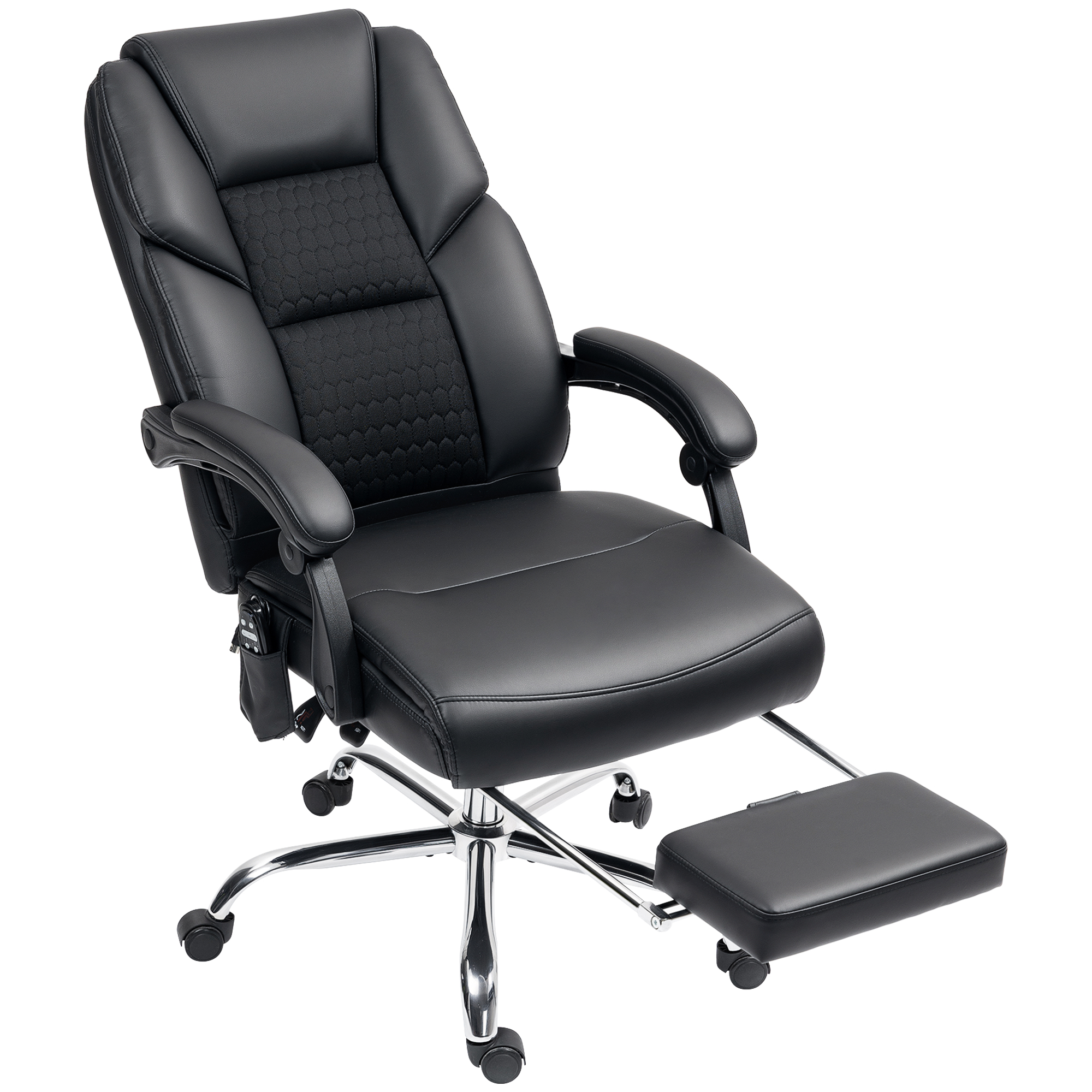 Sedia da ufficio in pelle nera con poggiapiedi. Con poggiatesta, braccioli e base cromata con ruote.