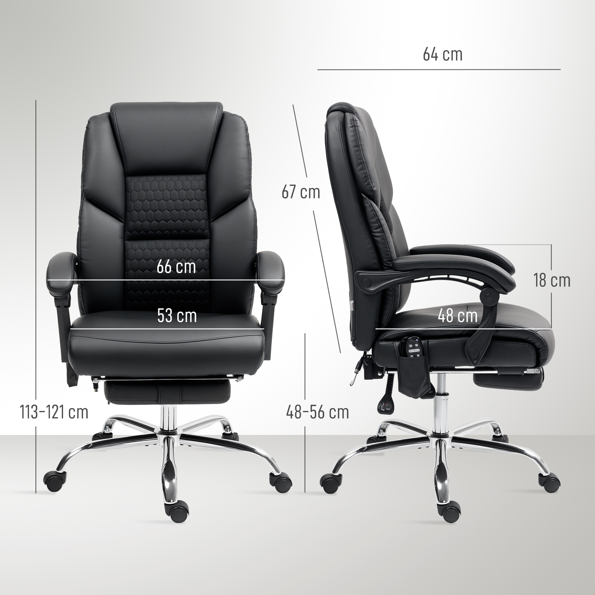 Una sedia da ufficio in pelle nera è mostrata di fronte e di lato. Le dimensioni sono indicate sulla sedia in centimetri.