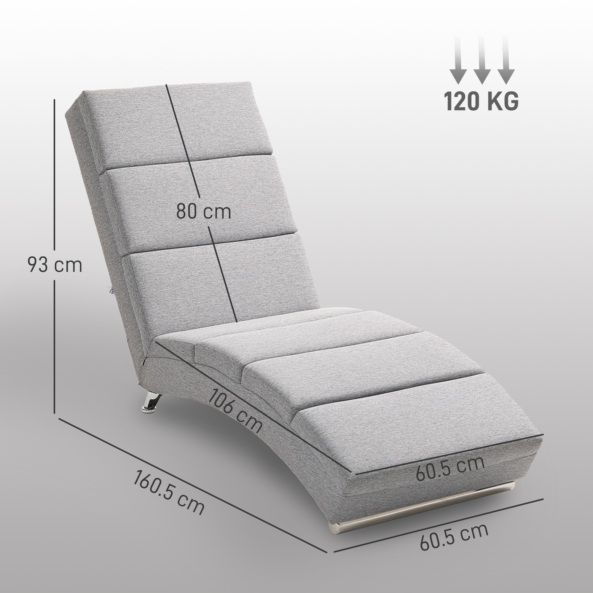 Una chaise longue grigia con dimensioni etichettate. Portata di 120 kg. Lo sfondo è semplice.