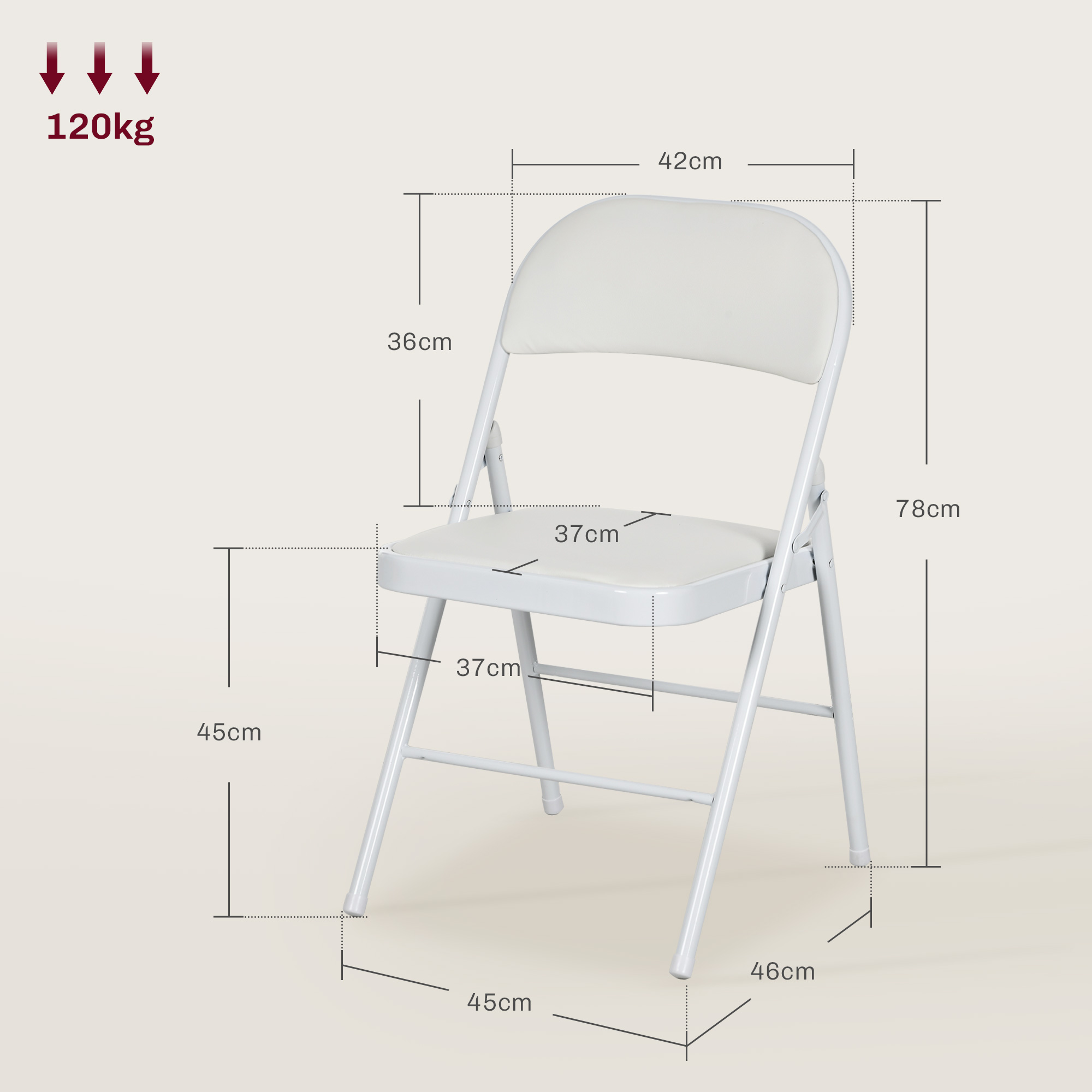 Sedia pieghevole bianca con dimensioni. La sedia è bianca con seduta e schienale bianchi. Su sfondo crema.