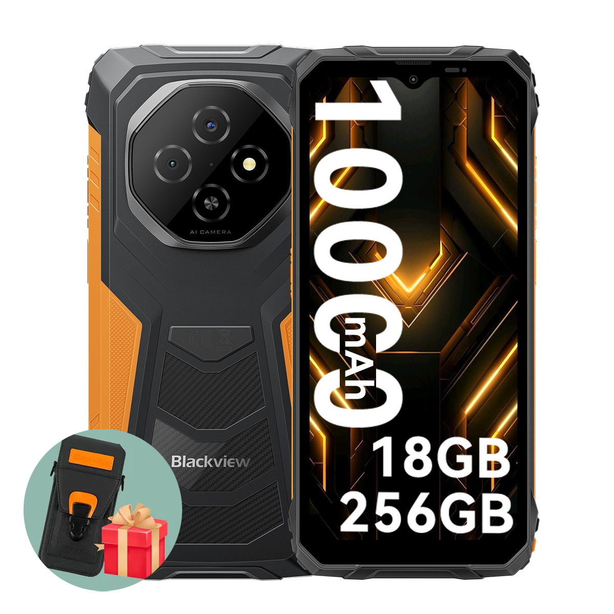 Robustes Blackview Smartphone mit orangefarbenen Akzenten, 10000mAh, 18GB RAM, 256GB Speicher. Inklusive Hülle und Geschenkbox.