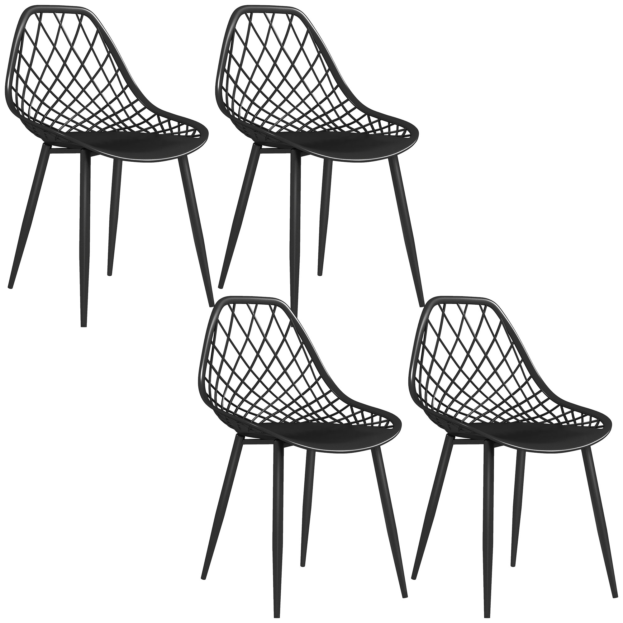 Quattro sedie nere moderne con schienali a rombi e quattro gambe ciascuna, su sfondo bianco.