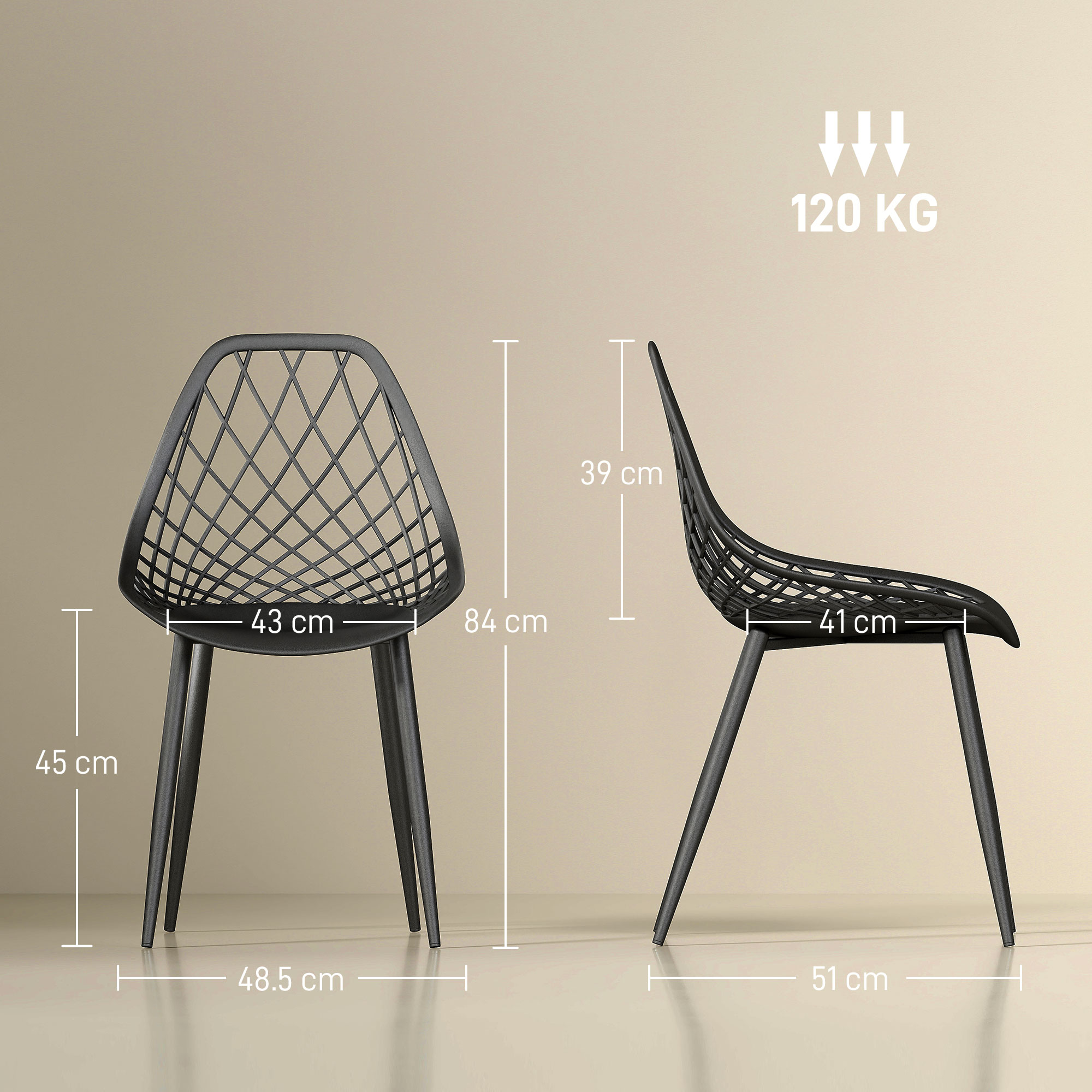Due viste di una sedia nera con motivo a rombi. Dimensioni: 43cm, 84cm, 41cm, 45cm, 48.5cm, 51cm. Max 120 kg.