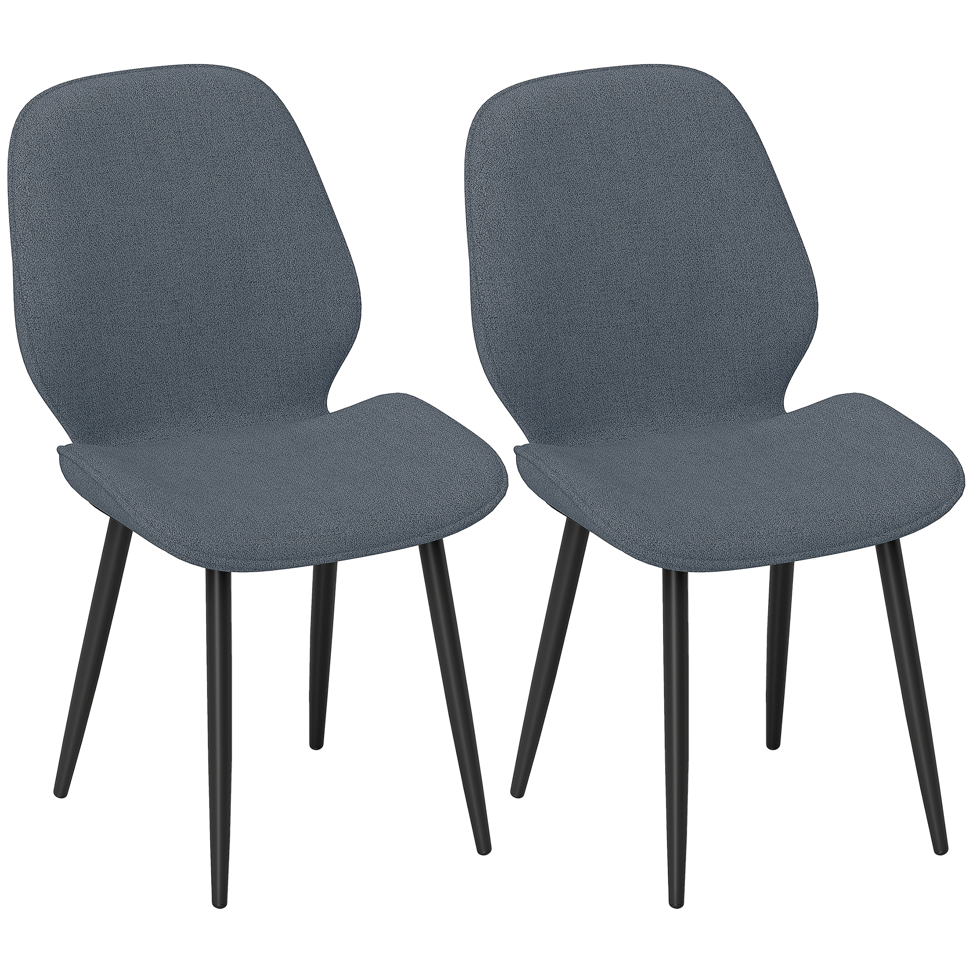 Due sedie in tessuto grigio con gambe nere su sfondo bianco. Ogni sedia ha un design dello schienale curvo unico.