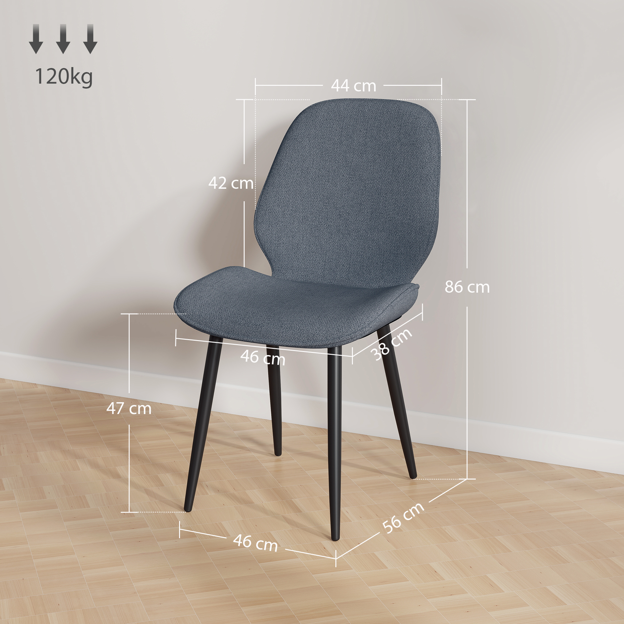Una sedia con seduta e schienale grigi, gambe nere e dimensioni etichettate. La sedia è su un pavimento in legno chiaro, con una parete bianca.