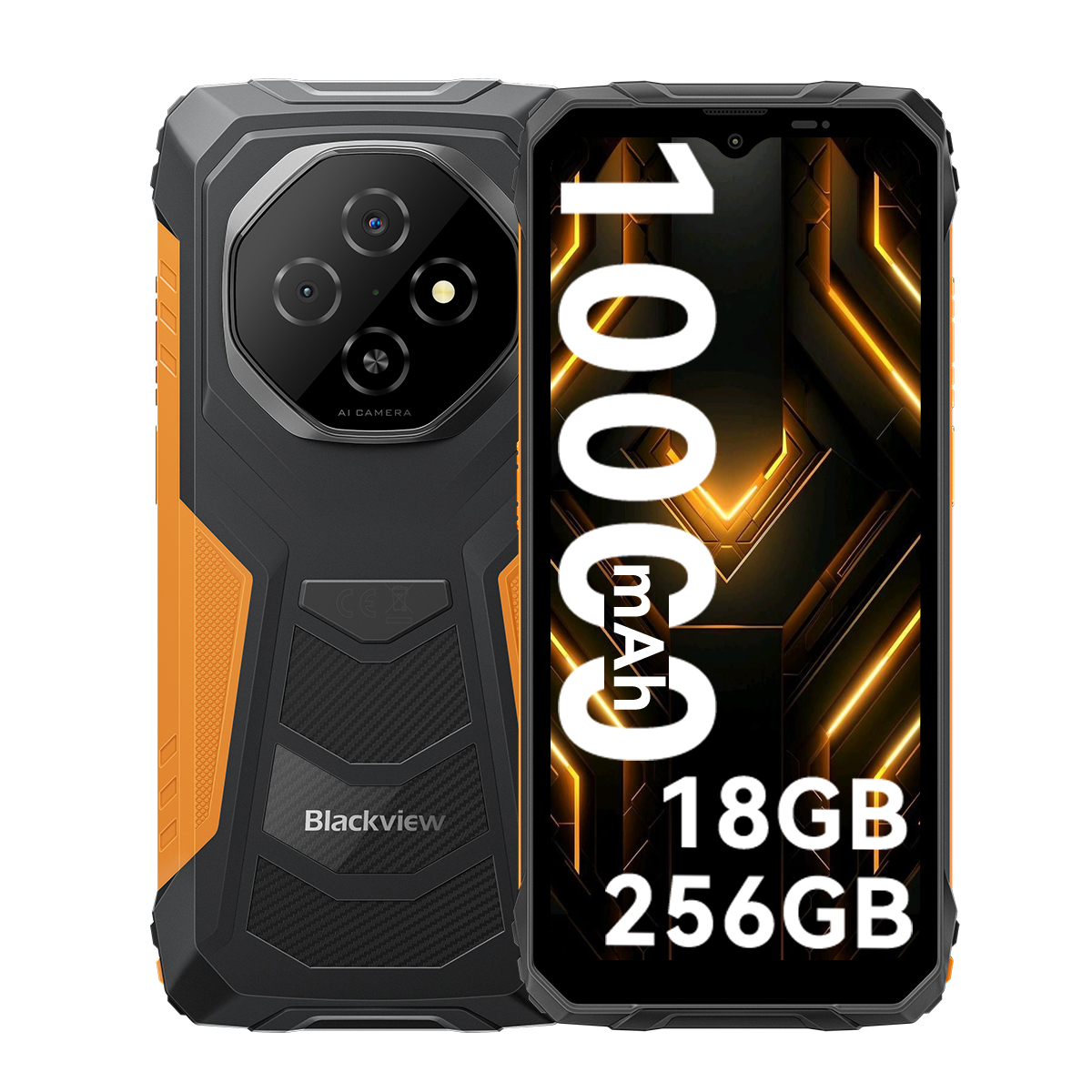 Robustes Blackview-Smartphone. Schwarz und orange. Merkmale sind 10000 mAh, 18 GB RAM und 256 GB Speicher. Dreifachkamera und KI-Kamera.