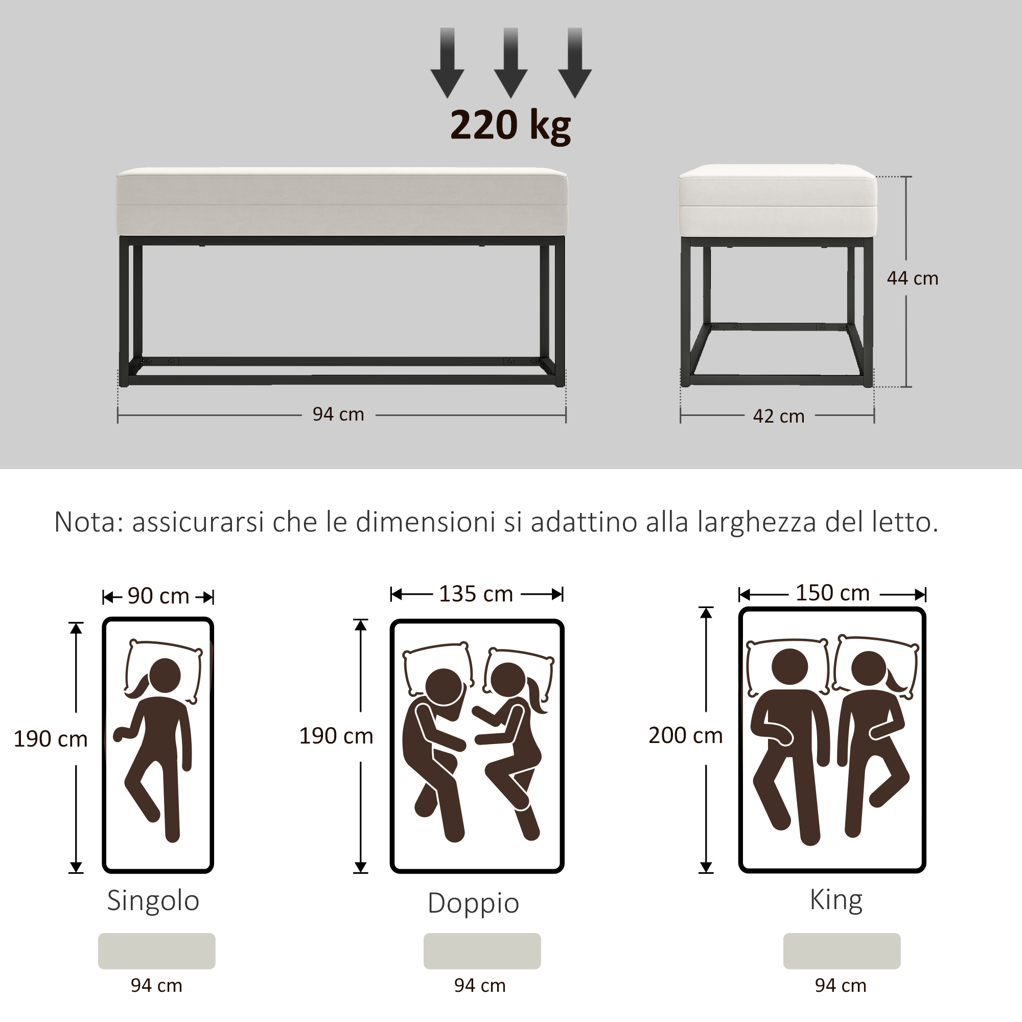 L'immagine mostra una panca da letto e una piccola panca. Ci sono anche illustrazioni di dimensioni di letti come singolo, matrimoniale e king size.