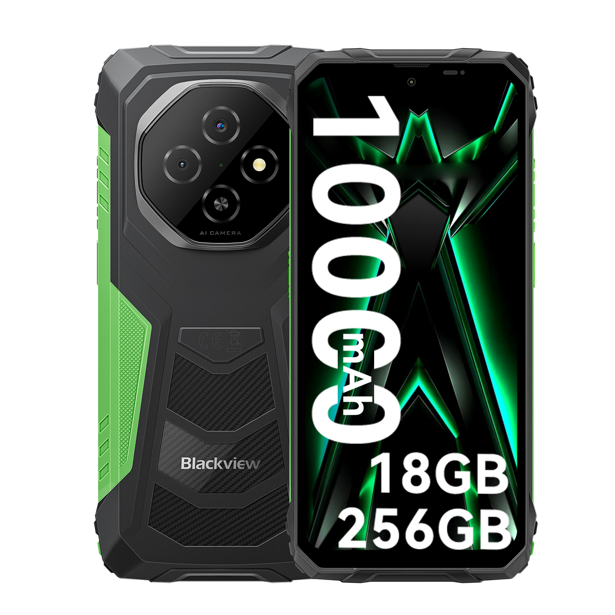 Robustes Blackview-Smartphone. Schwarzes, grünes und schwarzes Design. 10000 mAh, 18 GB RAM und 256 GB Speicher. KI-Kamera.