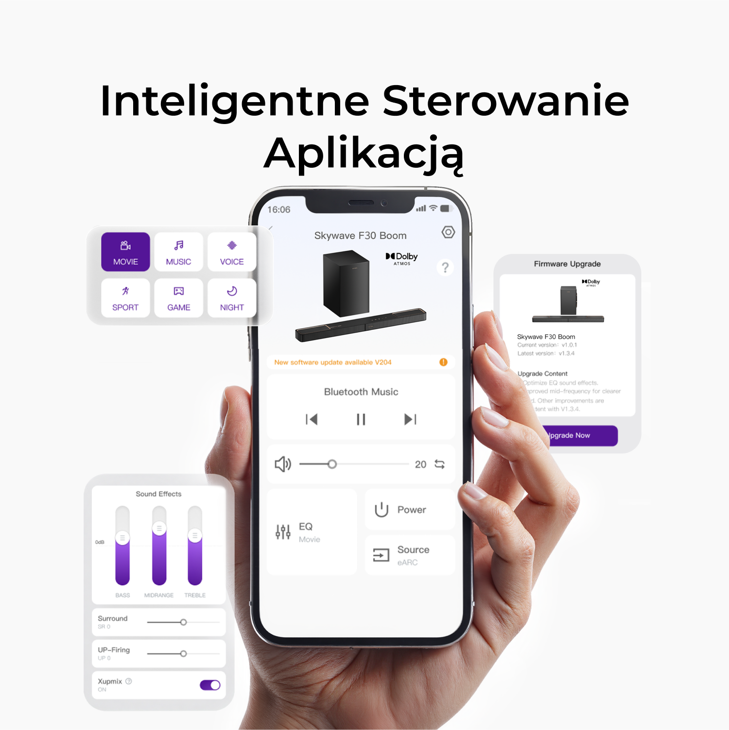 Ręka trzymająca telefon z interfejsem aplikacji soundbara z różnymi elementami sterującymi i opcjami ustawień audio.